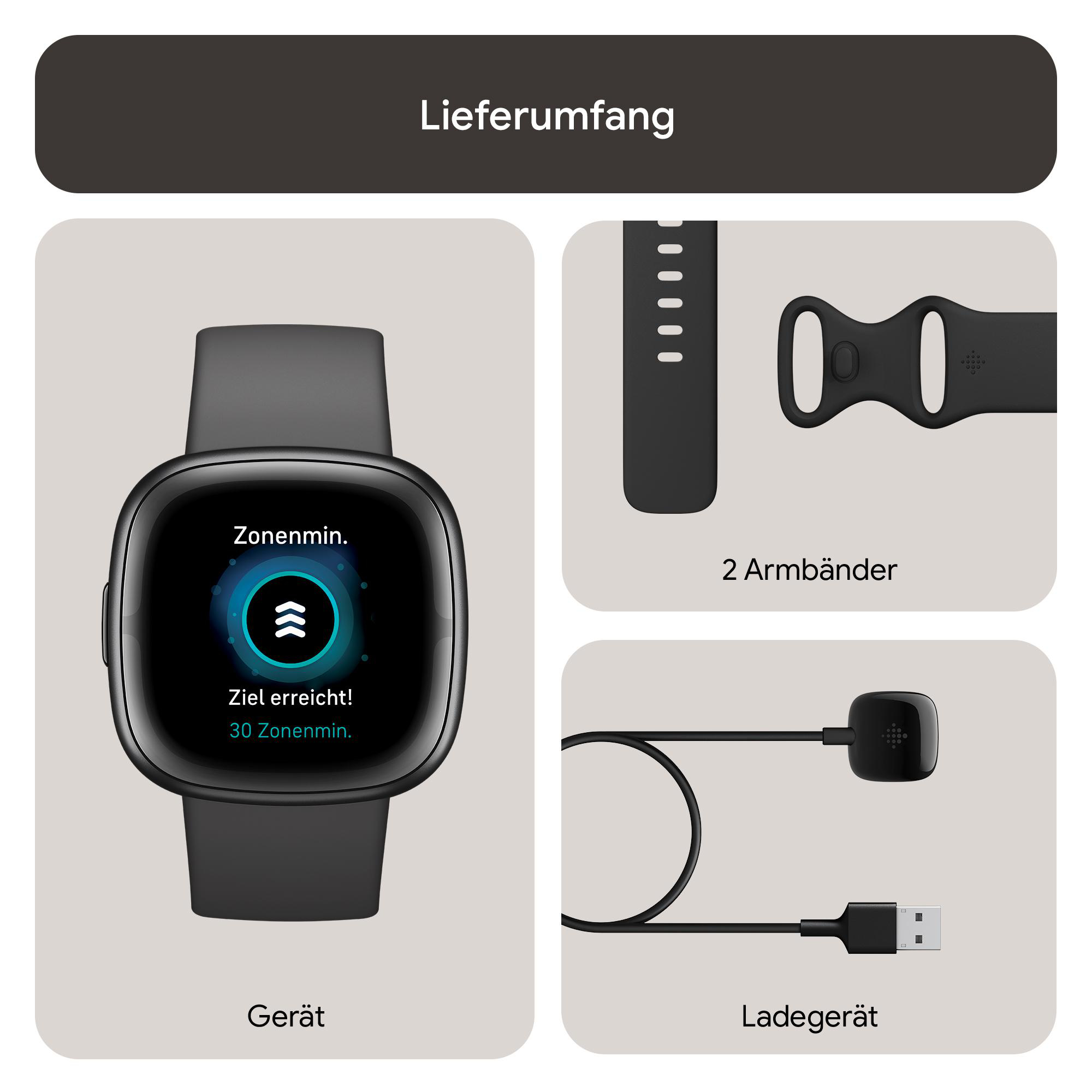 Schwarze Smartwatch mit Ladegerät und Armbändern. Anzeige zeigt Trainingsfortschritt.