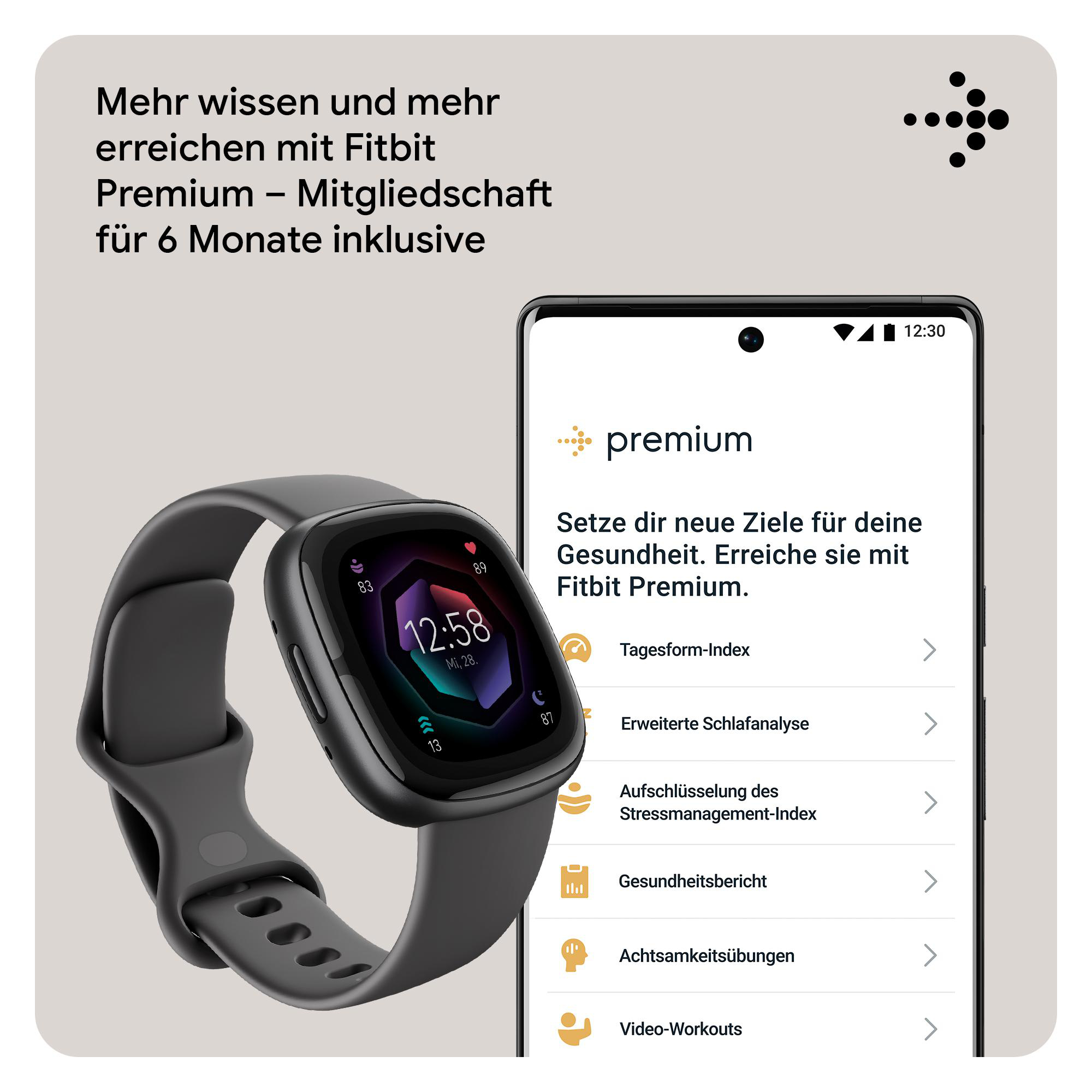 Eine schwarz-graue Smartwatch mit schwarzem Armband neben einem Telefon.