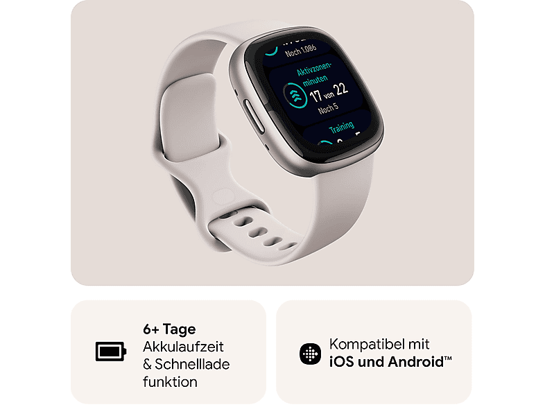FITBIT Sense 2 Smartwatch Aluminium Elastomer, S/L, Lunar White/Platinum