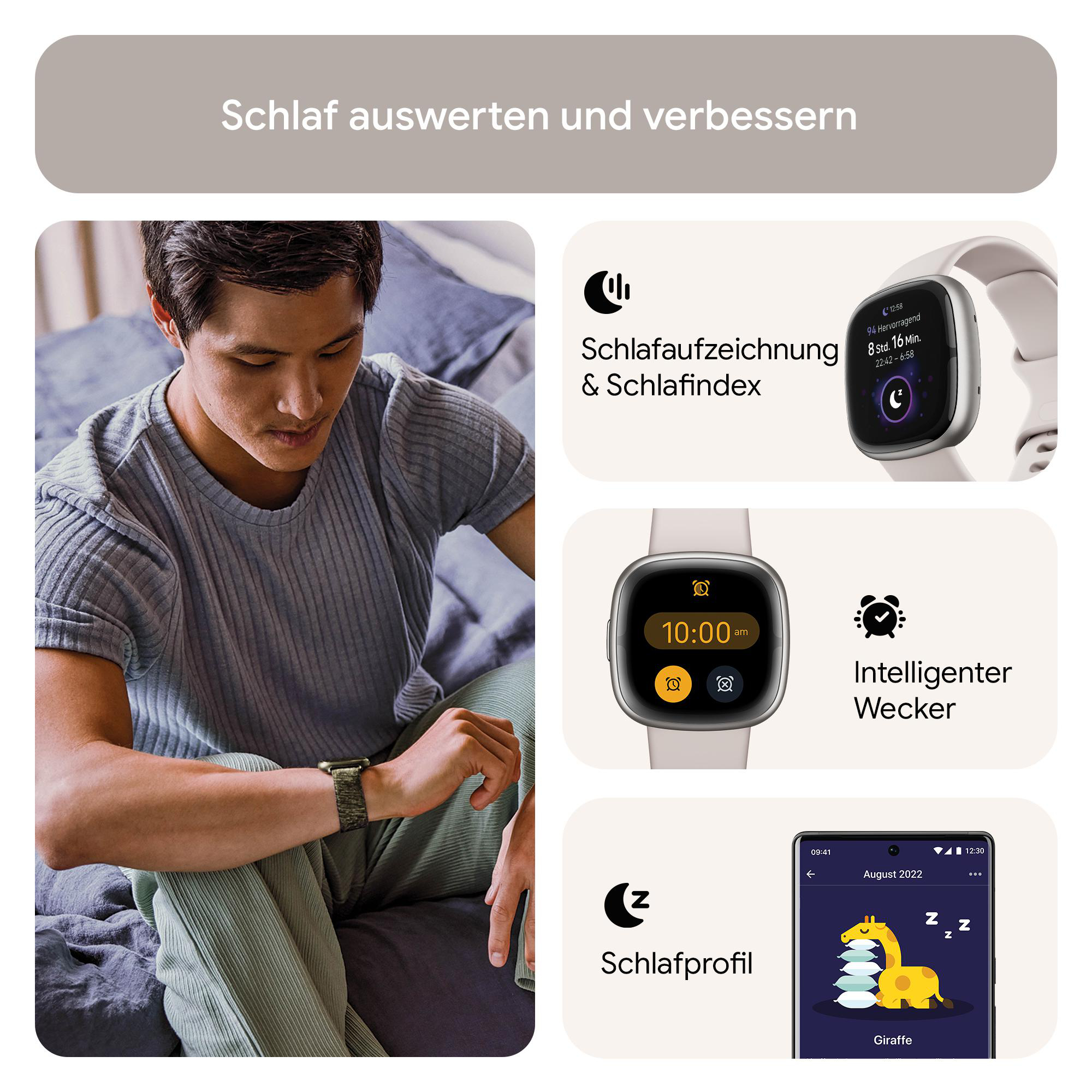 Das Bild zeigt einen Mann, der seine Schlafdaten auf einer mobilen App und einer Uhr betrachtet.
