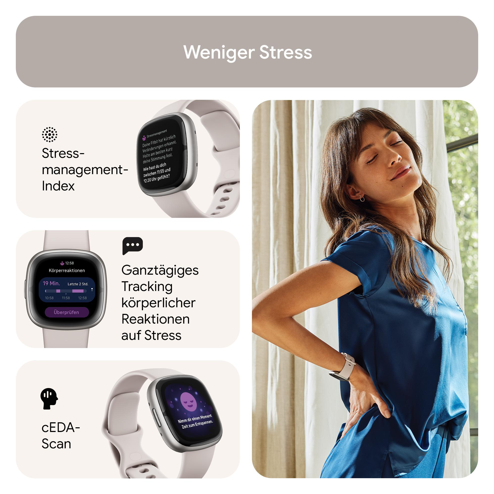 Frau mit Smartwatch, Stressmanagement-Index, cEDA-Scan und Körperreaktions-Tracking.