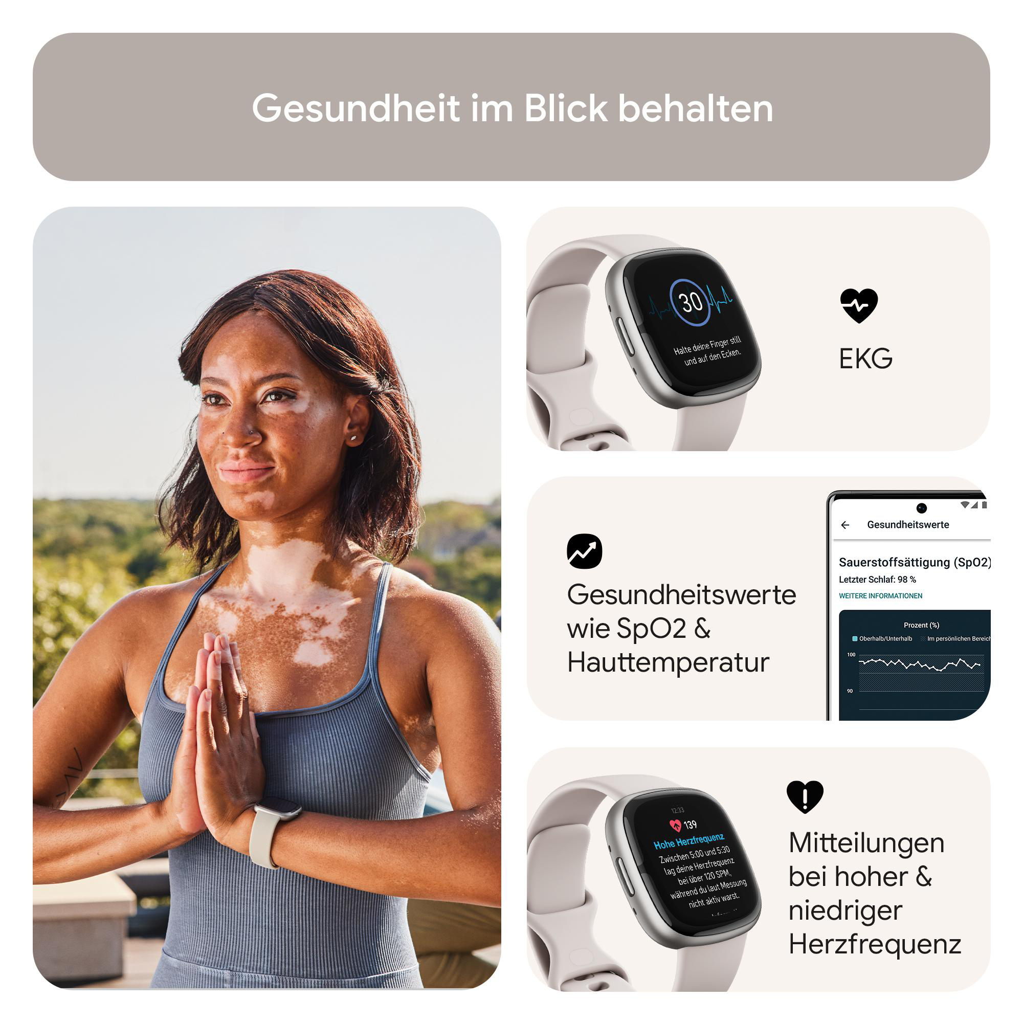 Frau in Yoga-Pose mit Smartwatch, mit Gesundheitsdaten-Diagrammen.