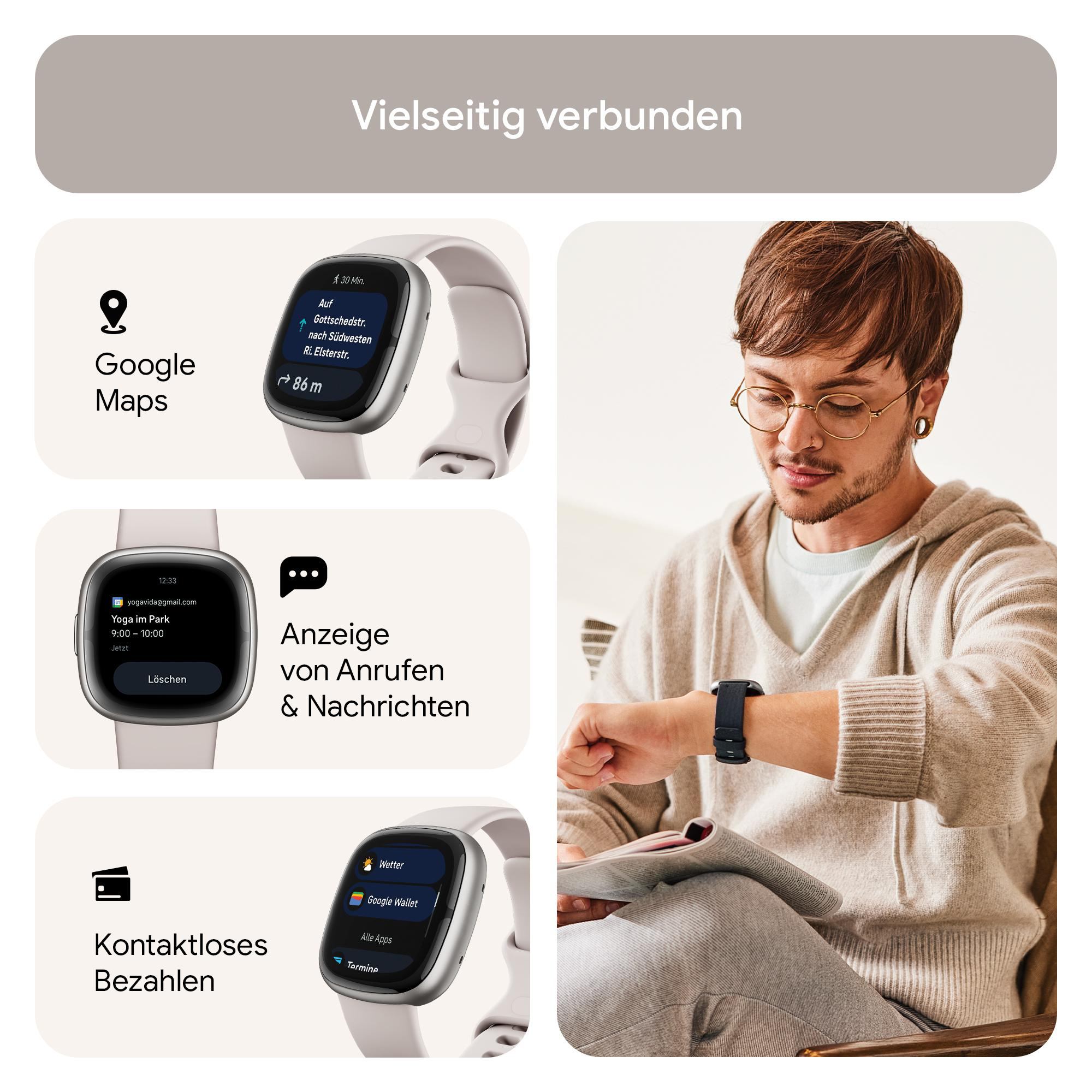 Mann schaut auf Smartwatch mit App-Anzeigen. Uhren, Telefon und Karten-Icons sind sichtbar. Der Hintergrund ist weiß.