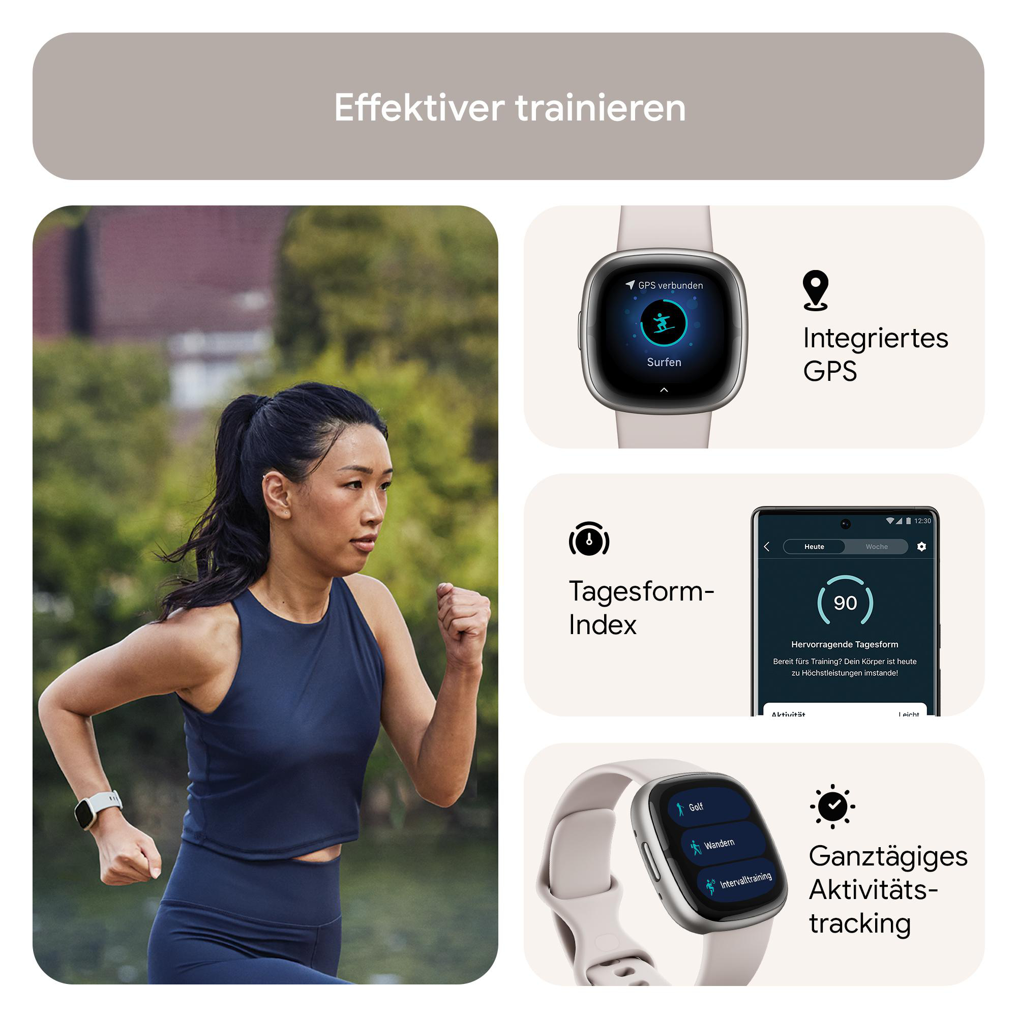 Frau beim Laufen, Smartwatch und Telefon mit Infografiken zu Fitness und Gesundheit.