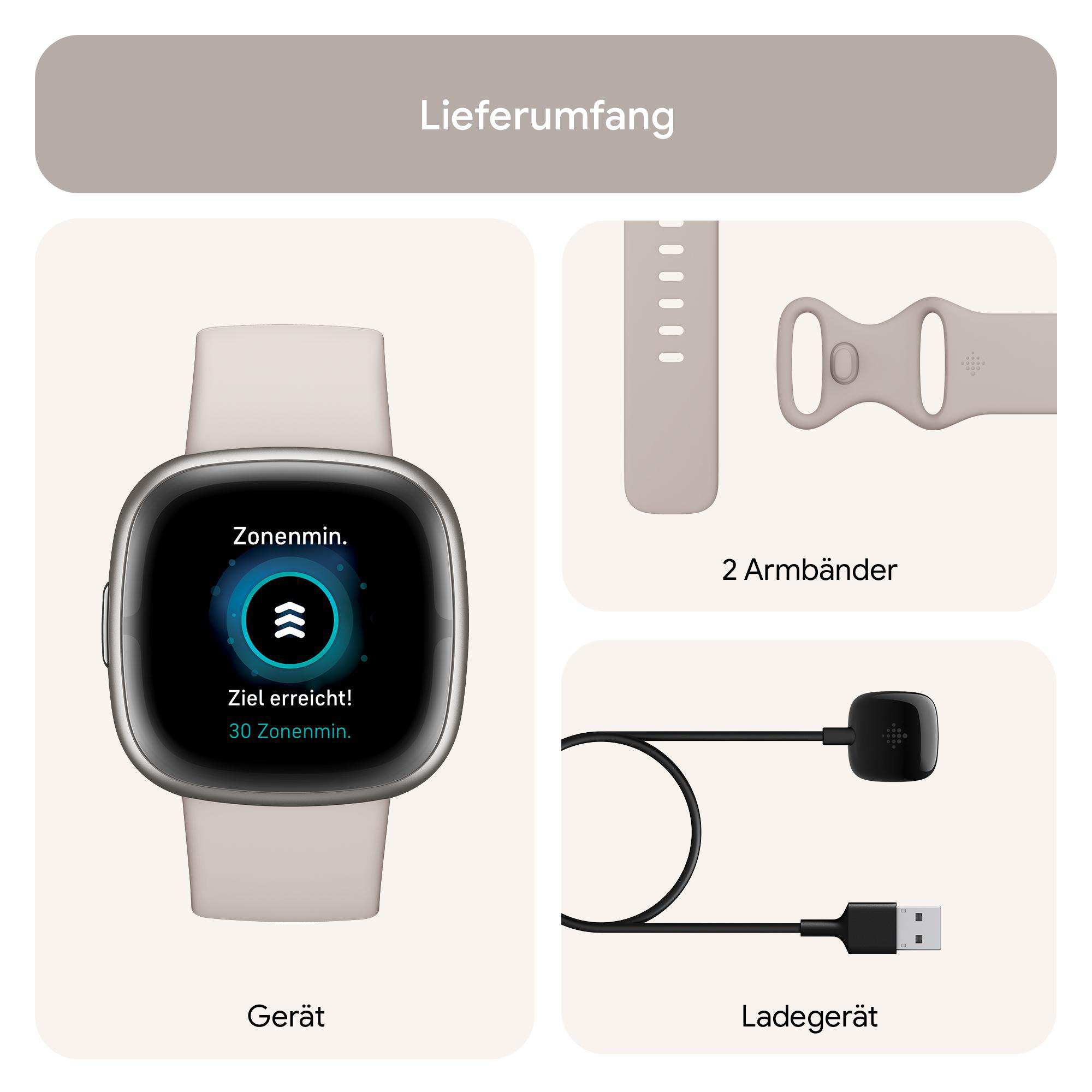 Eine Smartwatch, zwei Armbänder und ein Ladegerät. Die Uhr ist an, das Ladegerät hat einen USB-Anschluss.