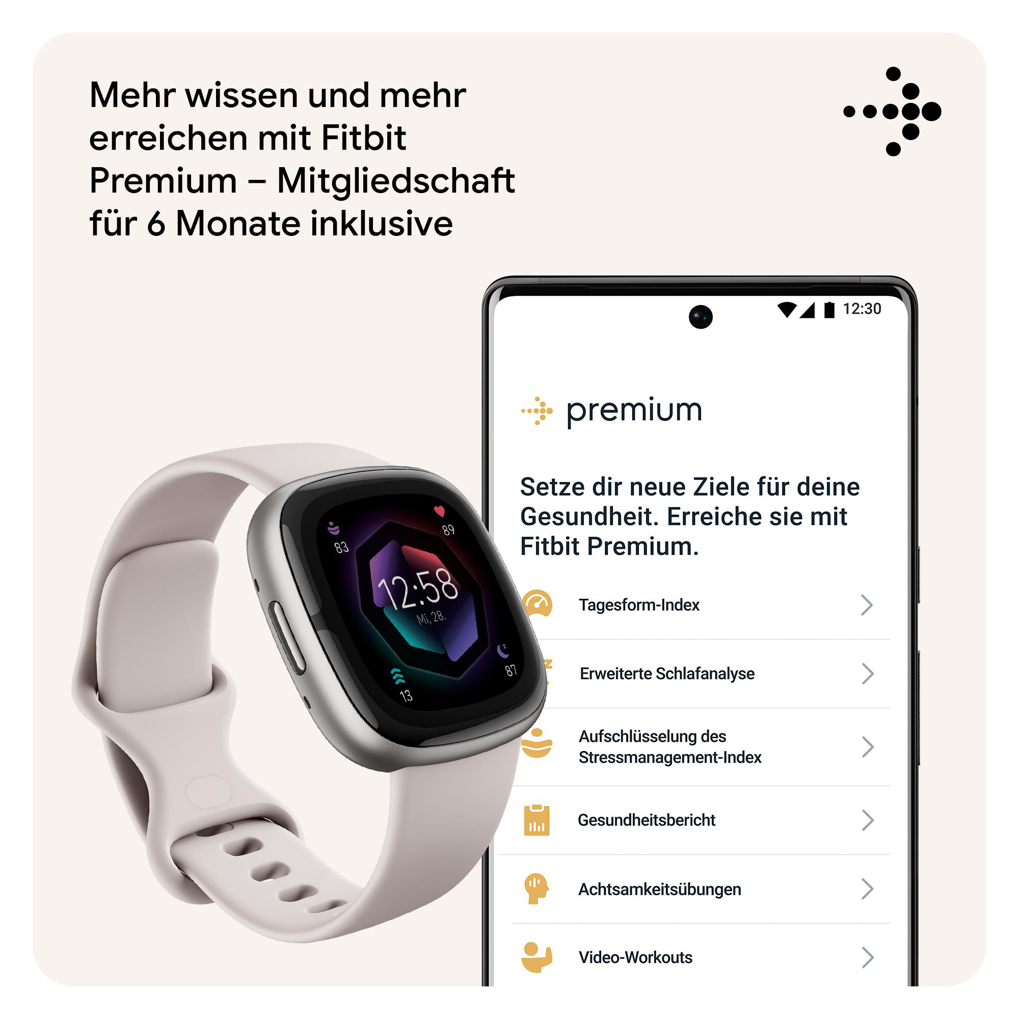 Fitbit Smartwatch am Handgelenk neben einem Telefon, das eine Premium-Mitgliedschaft anzeigt.