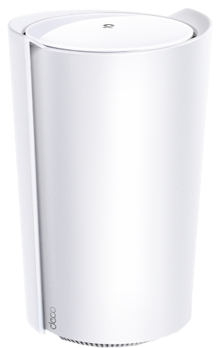 Wit cilindrisch apparaat. Het witte apparaat is een Deco Mesh WiFi-eenheid.