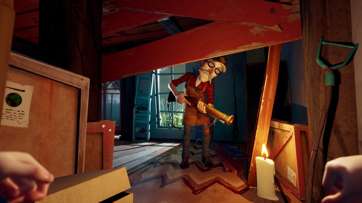 Animated game scene. A man with a shotgun in a dark attic. Candles and wooden boxes present.