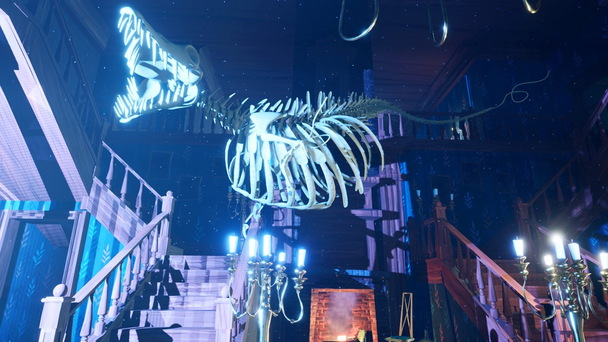 A skeleton of a dinosaur hanging from a ceiling in a room with a fireplace and stairs.