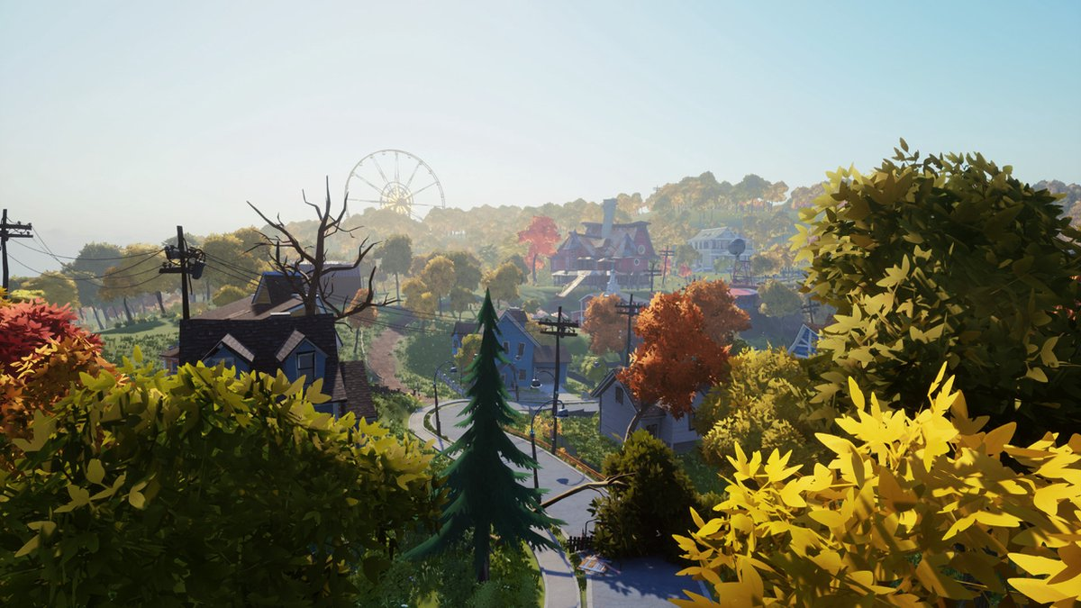 A town scene with houses, trees, a Ferris wheel, and a winding road, under a bright sky.