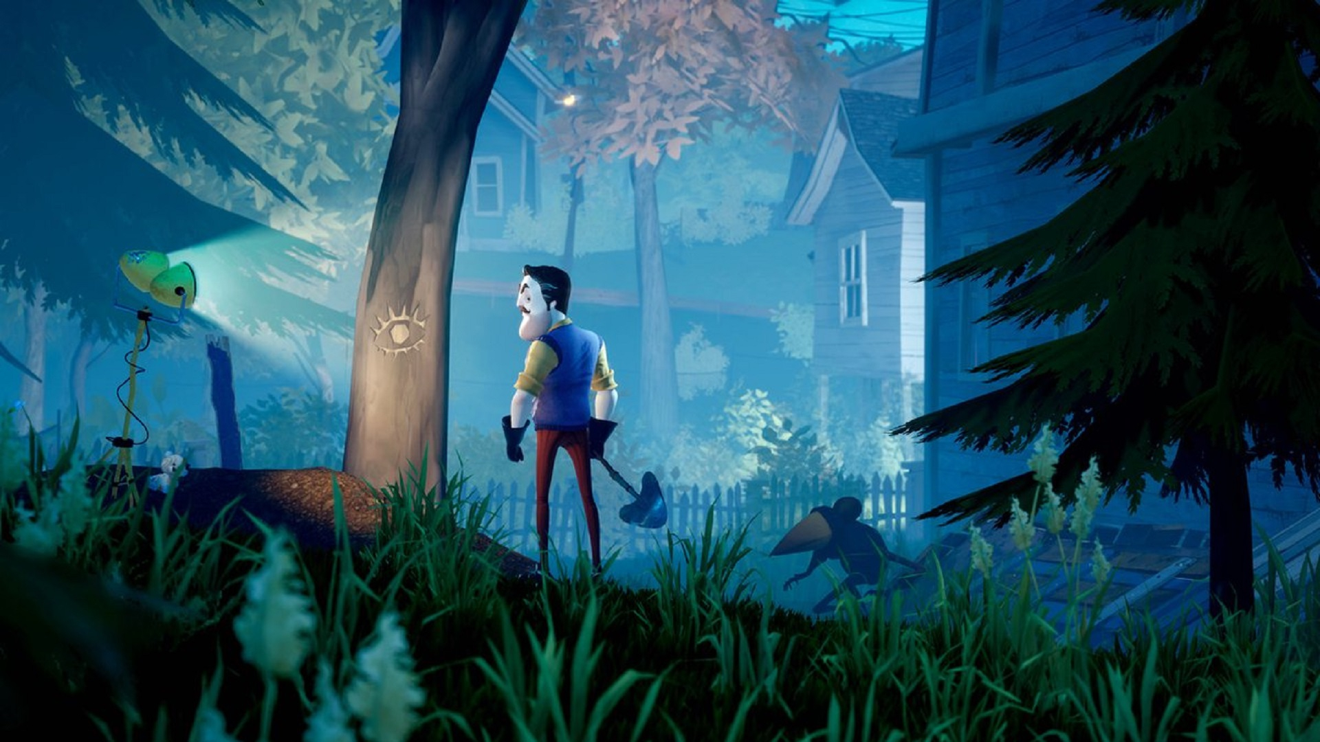 A game scene with a character holding a weapon, standing in front of a house at night.
