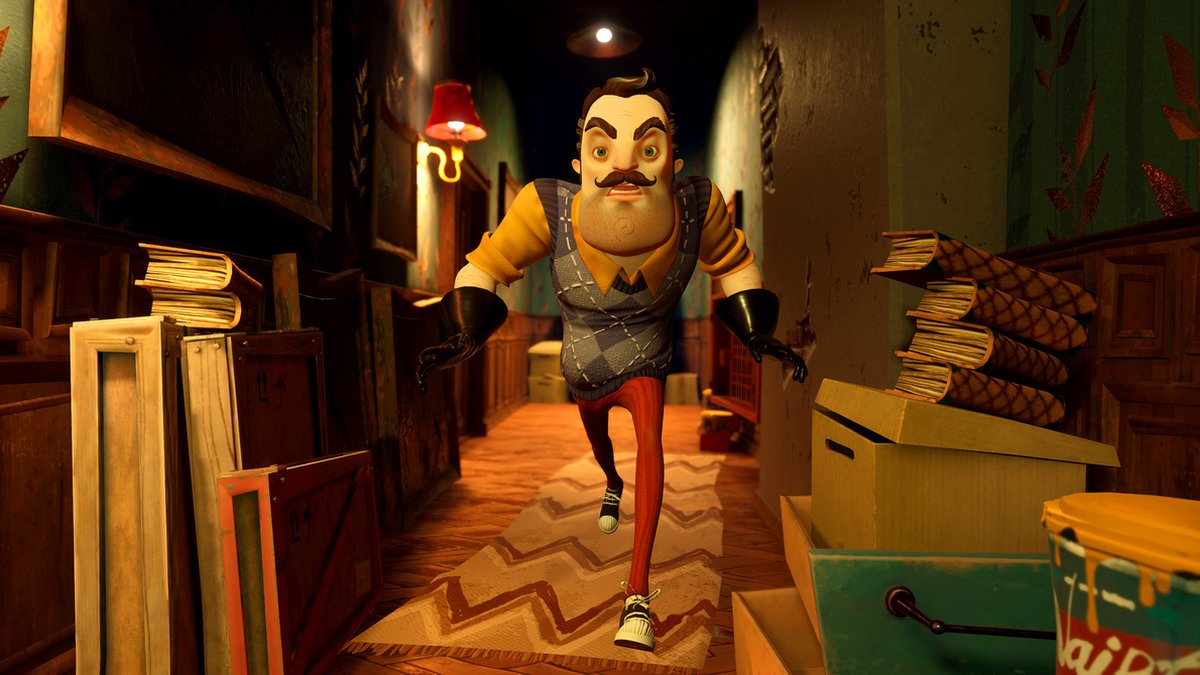 A man in a yellow shirt and vest runs down a hallway in a game.
