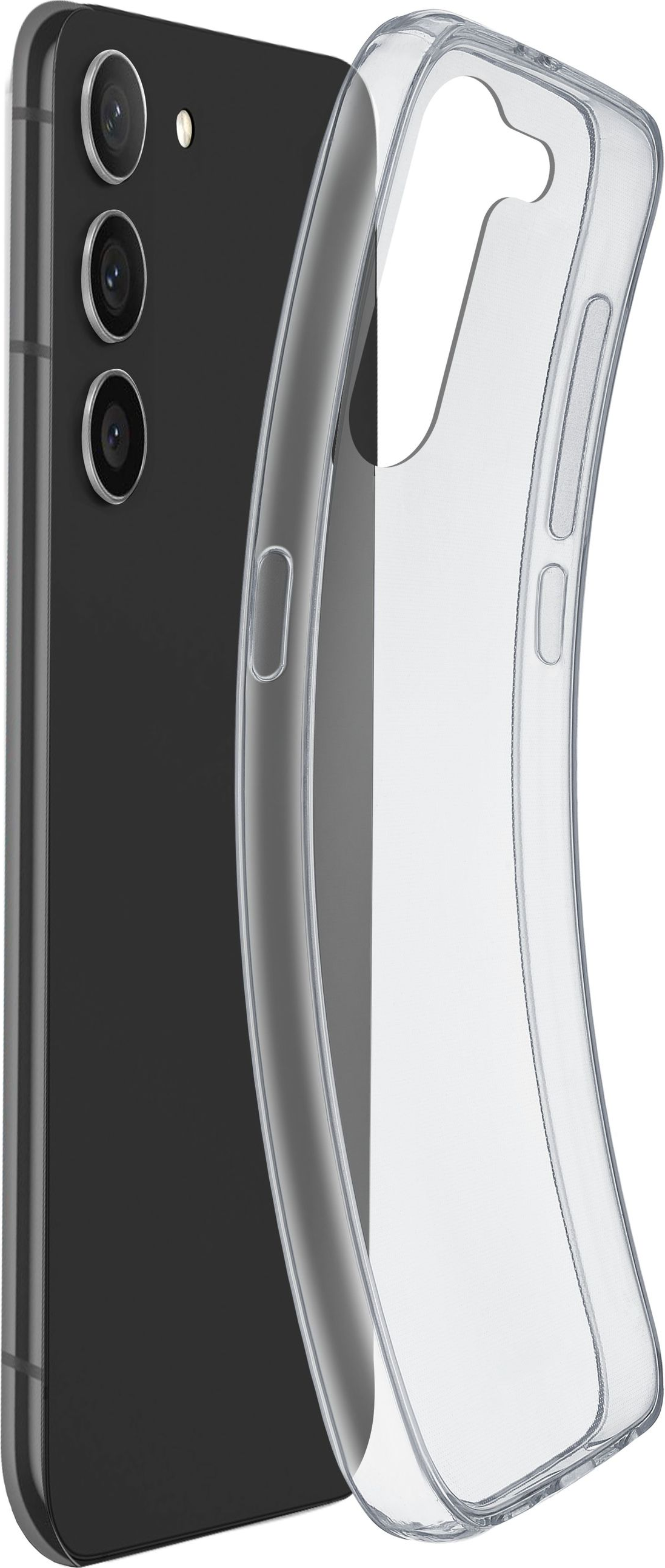 Schwarzes Smartphone mit angebrachter, klarer Schutzhülle und einer Hülle.