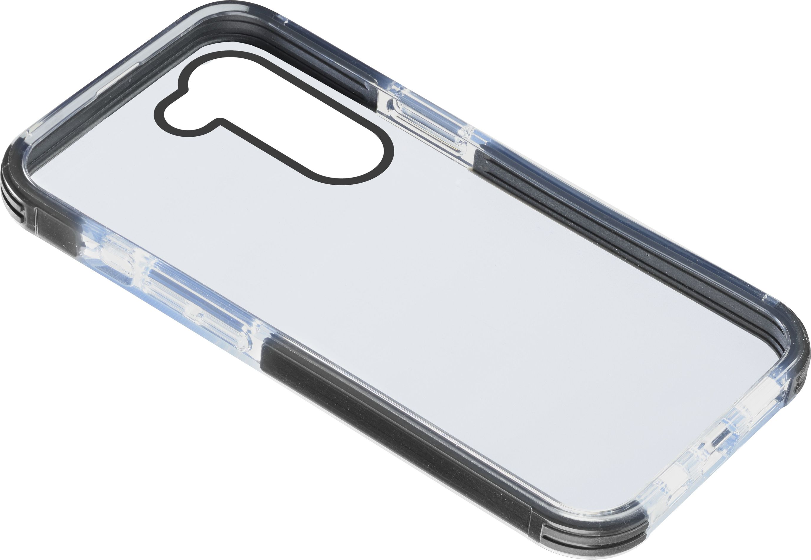 Coque de téléphone transparente avec bord noir, inclinée pour montrer la découpe de la caméra.