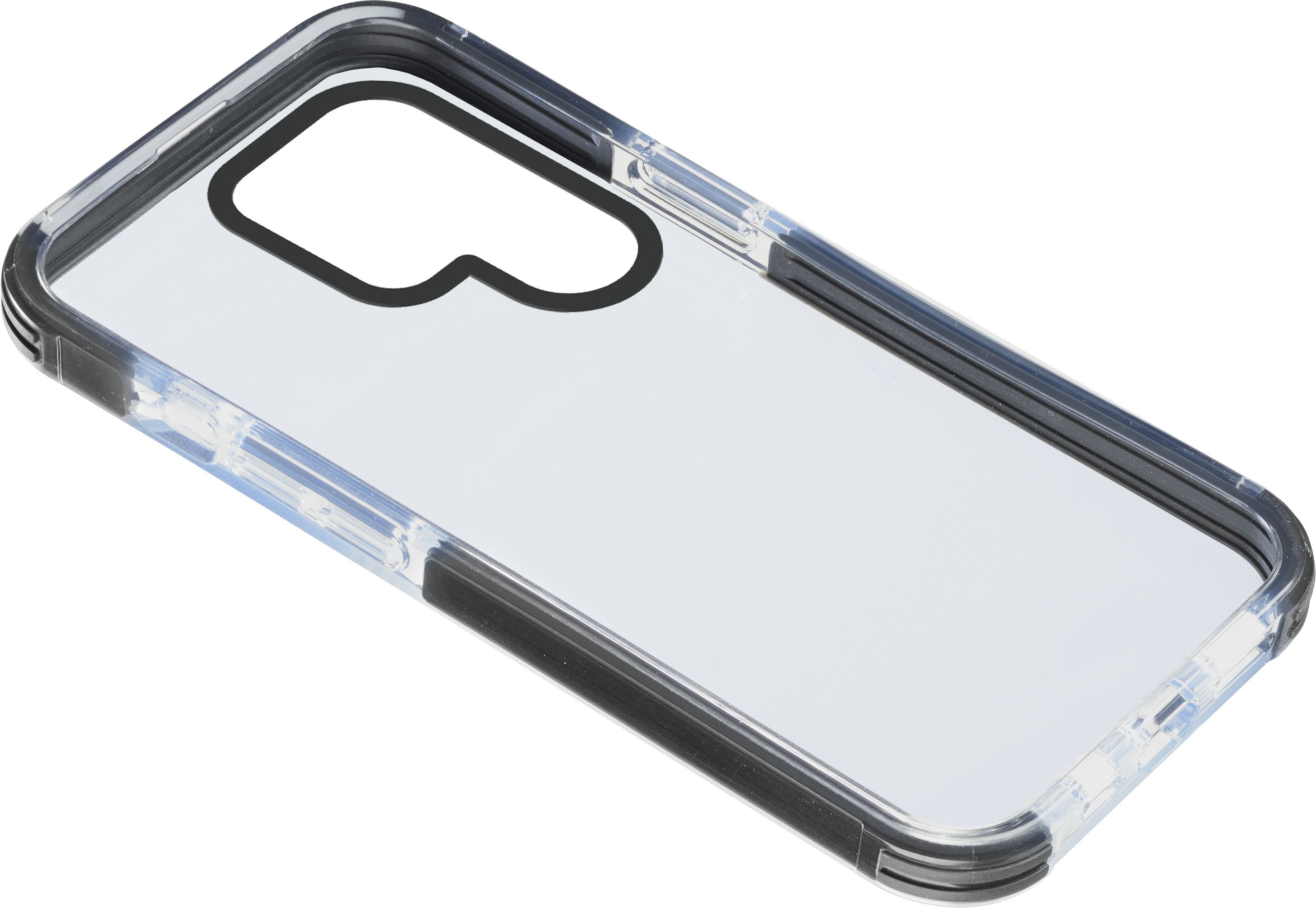 Coque de téléphone transparente avec bord noir. Transparent, montrant la forme du téléphone.
