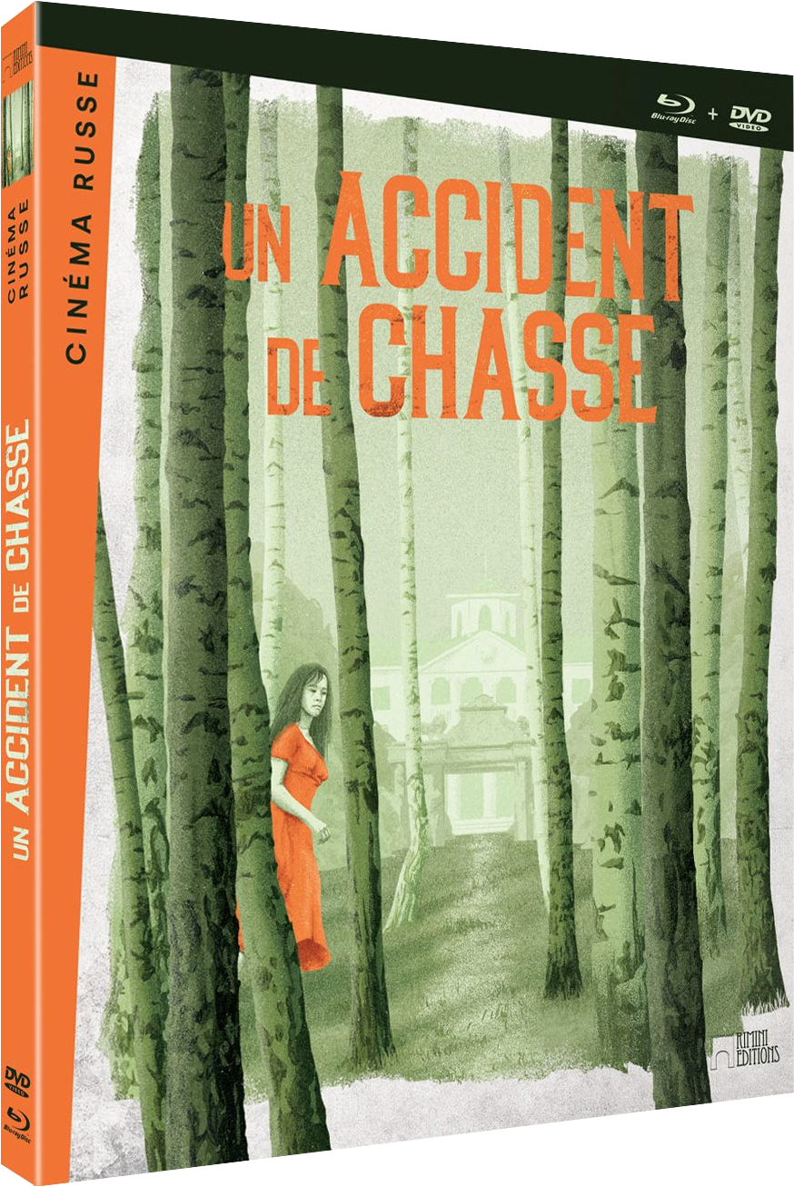 Couverture de DVD : une femme en rouge se tient dans une forêt. Le titre est 'UN ACCIDENT DE CHASSE'.