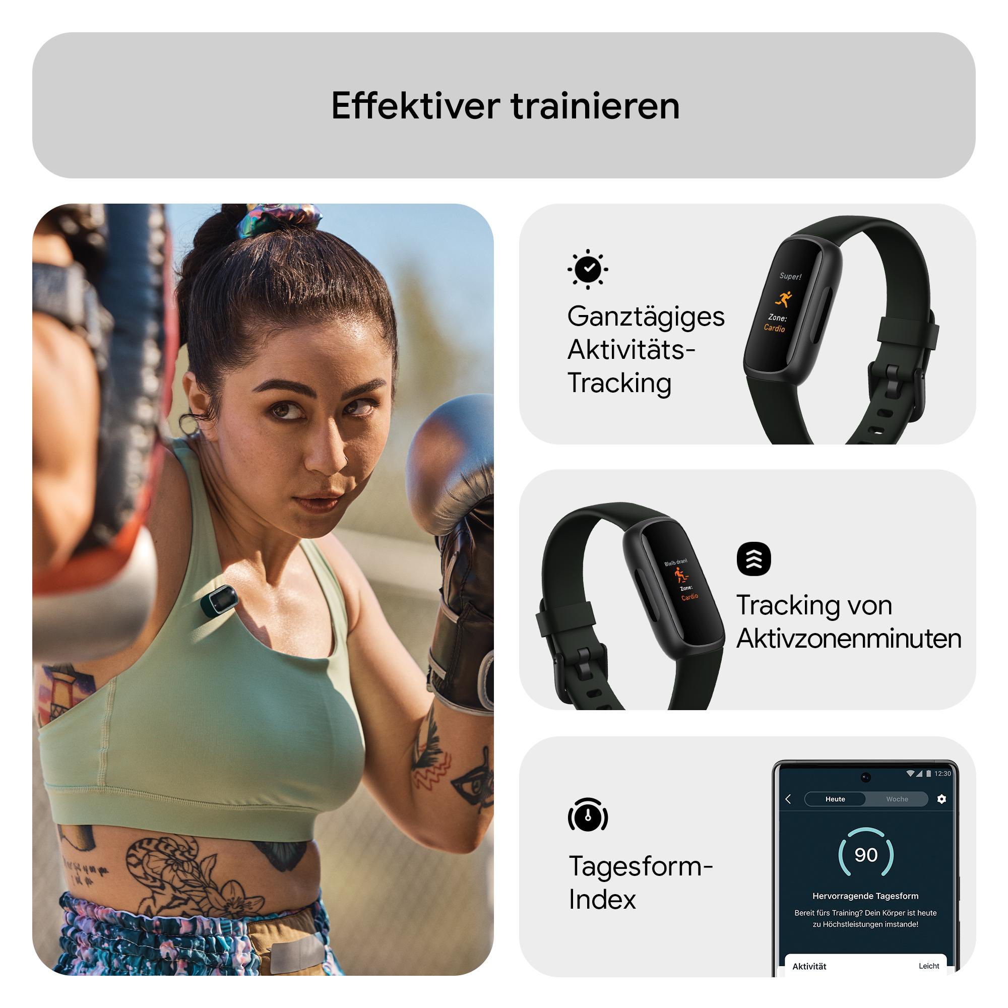 Frau im Box-Stance, trägt einen grünen Sport-BH und Handschuhe. Text und Smartwatch rechts.