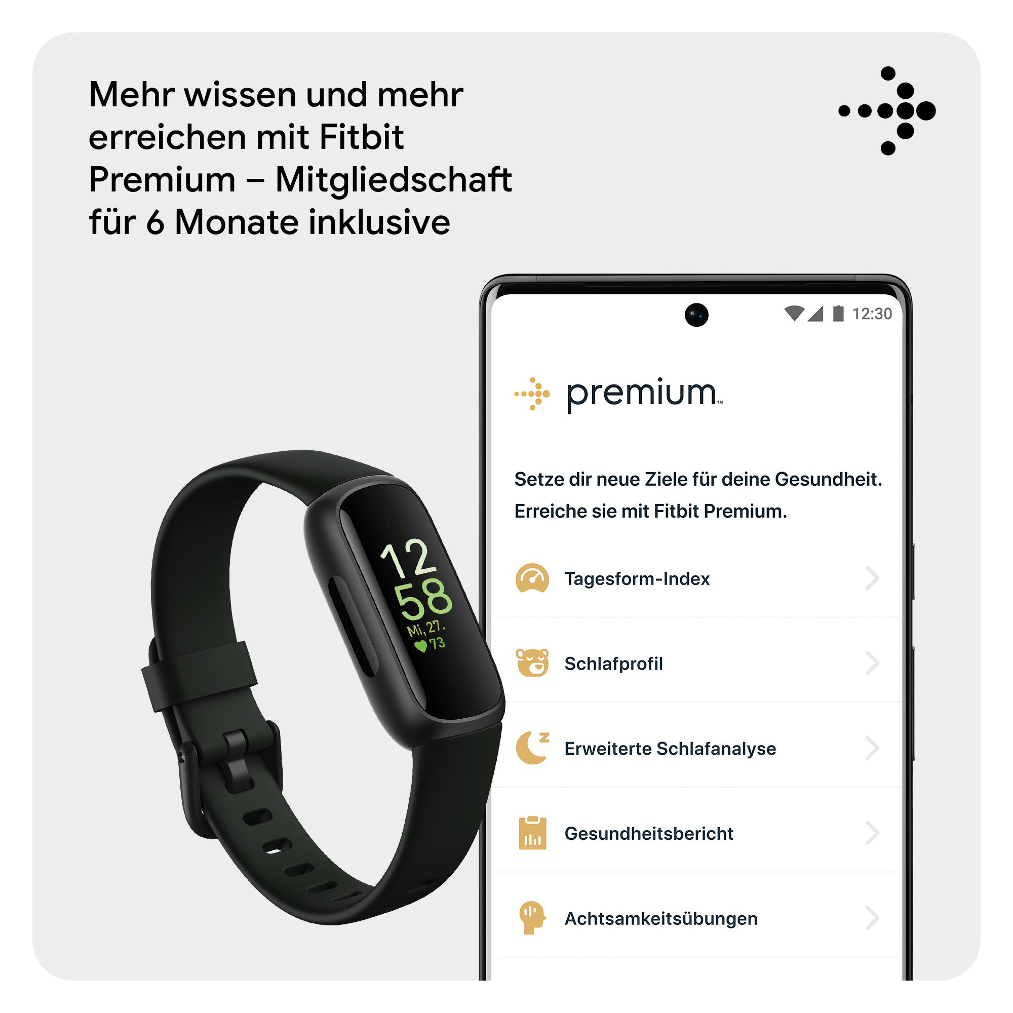 Fitbit-Uhr am Handgelenk, Telefon zeigt Premium-Mitgliedschaftsfunktionen. Text über Gesundheits-Tracking.