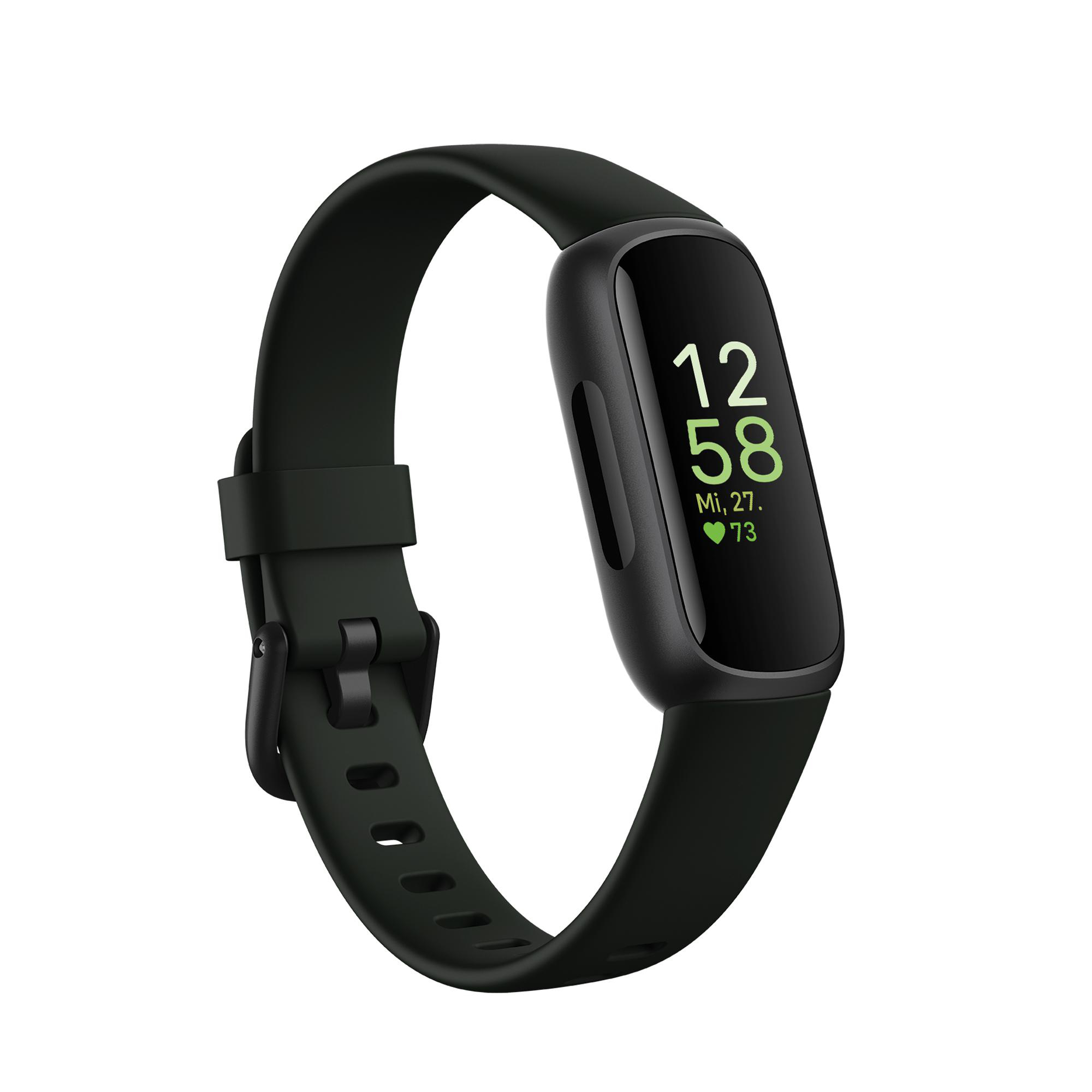 Schwarzer und grüner Fitness-Tracker auf weißer Oberfläche.