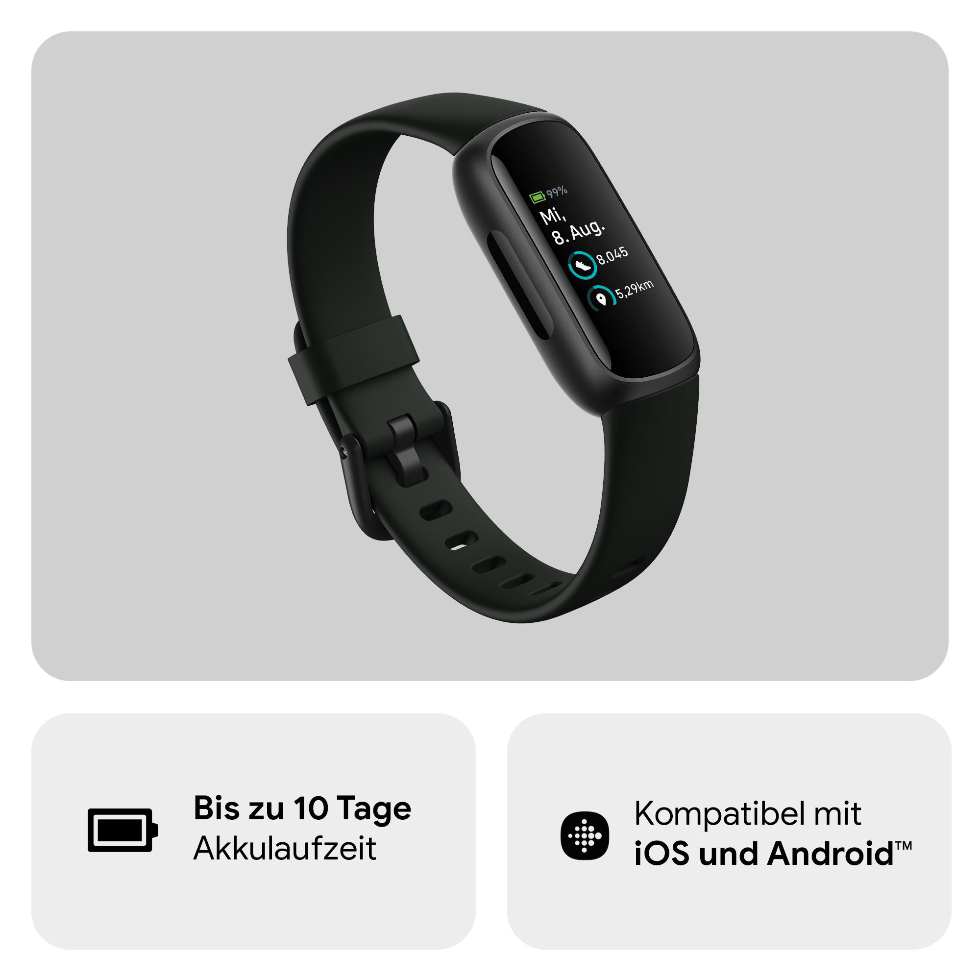 Schwarzer Fitnesstracker am Handgelenk, der Daten anzeigt, mit zwei Informationsboxen darunter.