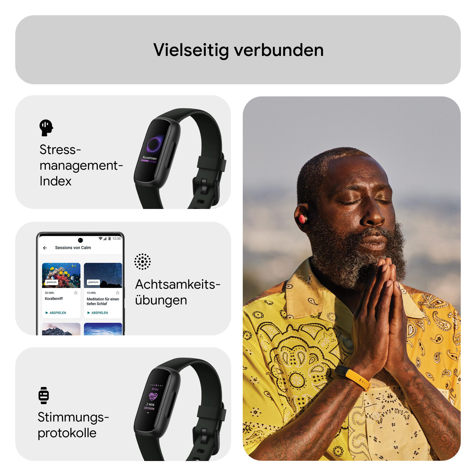 Ein Mann meditiert mit einer Smartwatch. Das Bild zeigt verschiedene Funktionen einer Smartwatch.