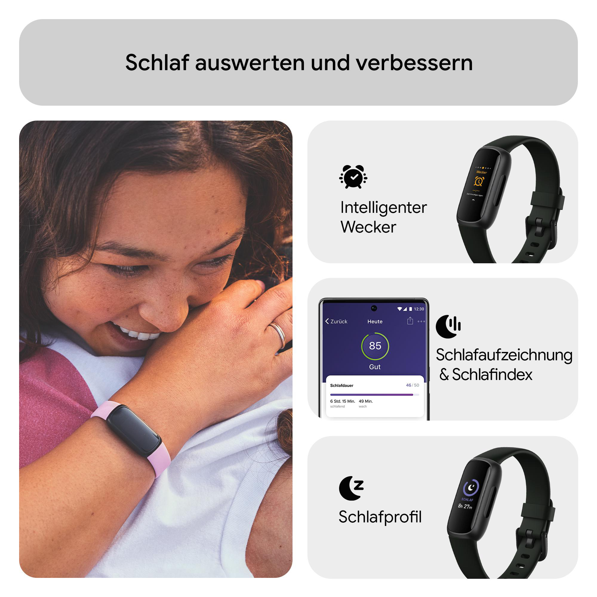 Frau mit Smartwatch, Bilder von Schlaftracking und einer Smartwatch. Farben: Rosa, Schwarz, Weiß.