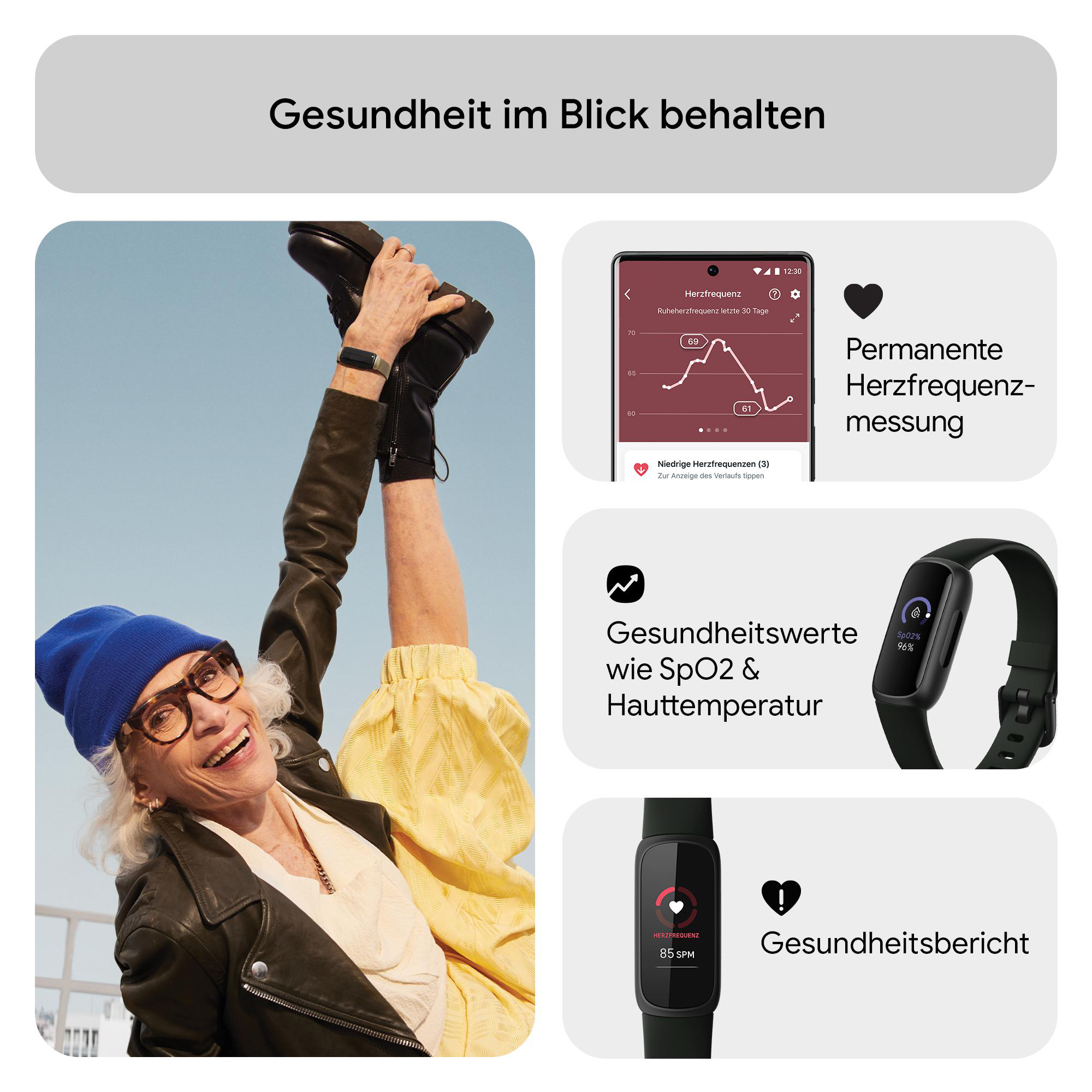 Ältere Frau mit Smartwatch, Bilder von Herzfrequenz und Smartwatch. Farben: Schwarz, Rosa, Weiß, Rot.