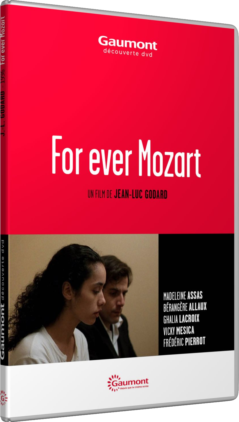 Couverture DVD : Fond rouge avec texte blanc, lisant 'For ever Mozart', film de Jean-Luc Godard. Visages en arrière-plan.