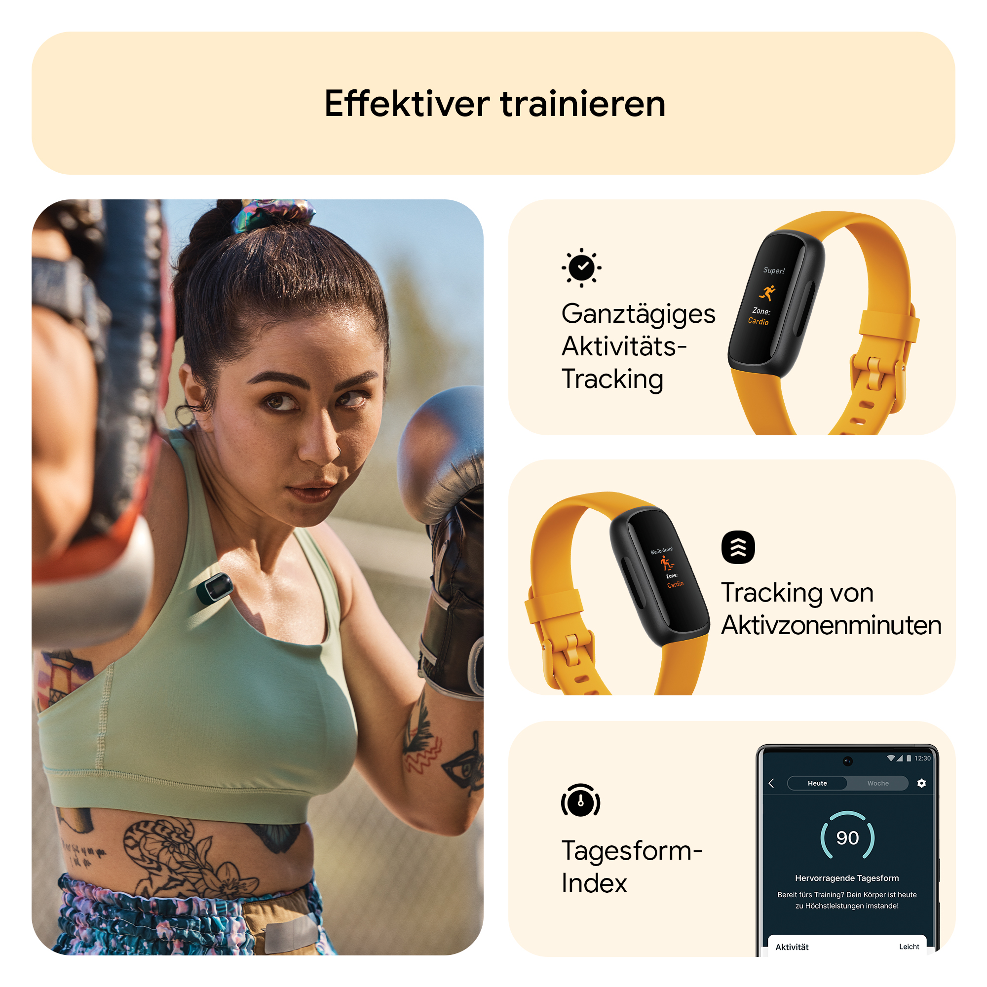 Eine Frau boxt, mit einem Fitness-Tracker am Handgelenk und Grafiken von Fitness-Tracker-Daten.