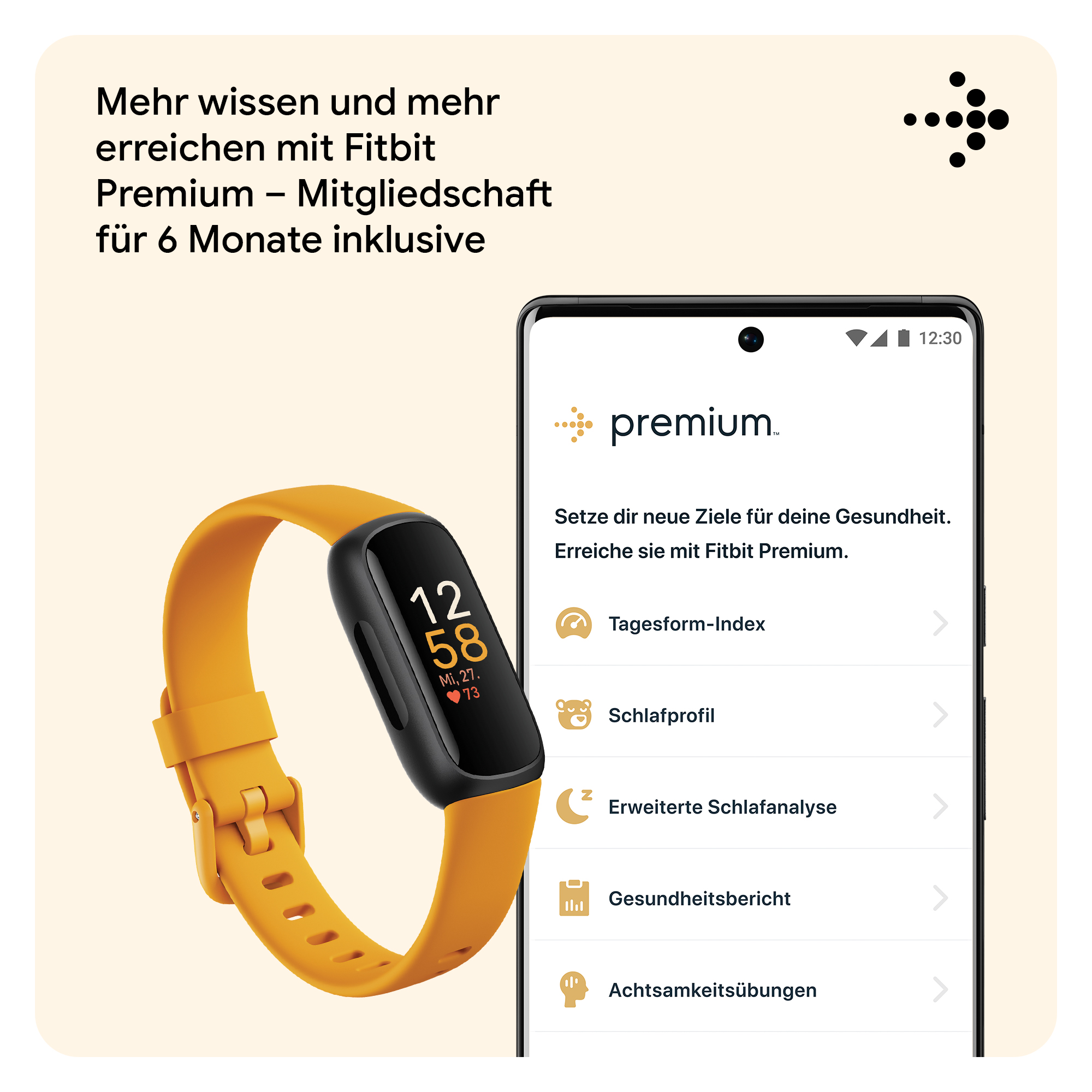 Fitbit-Uhr mit einem Telefon, das Fitness-Metriken anzeigt. Orange Uhr und schwarzes Telefon.