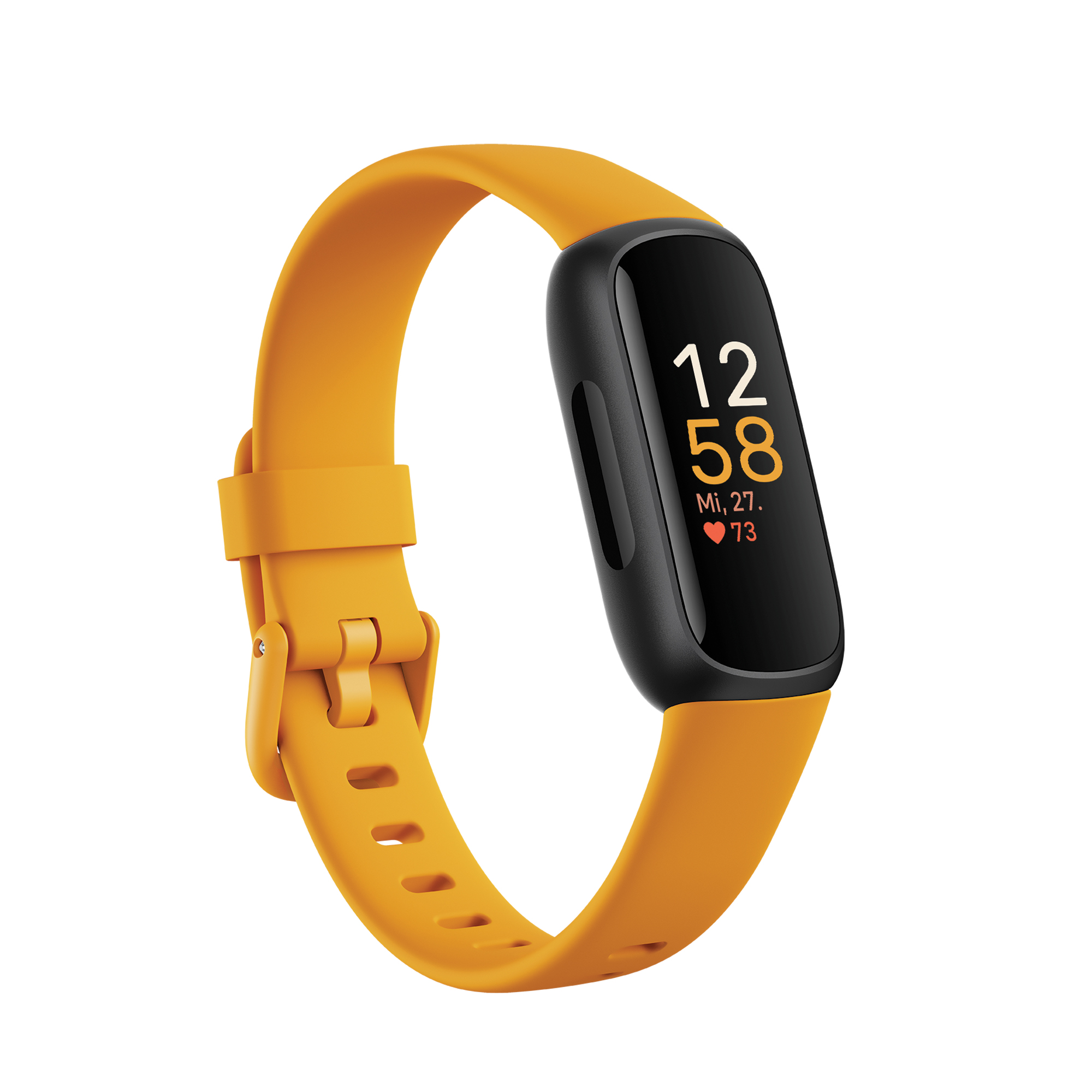 Gelber Fitbit Inspire 3 Fitness-Tracker, schwarzer Bildschirm mit Zeit und Herzfrequenz.