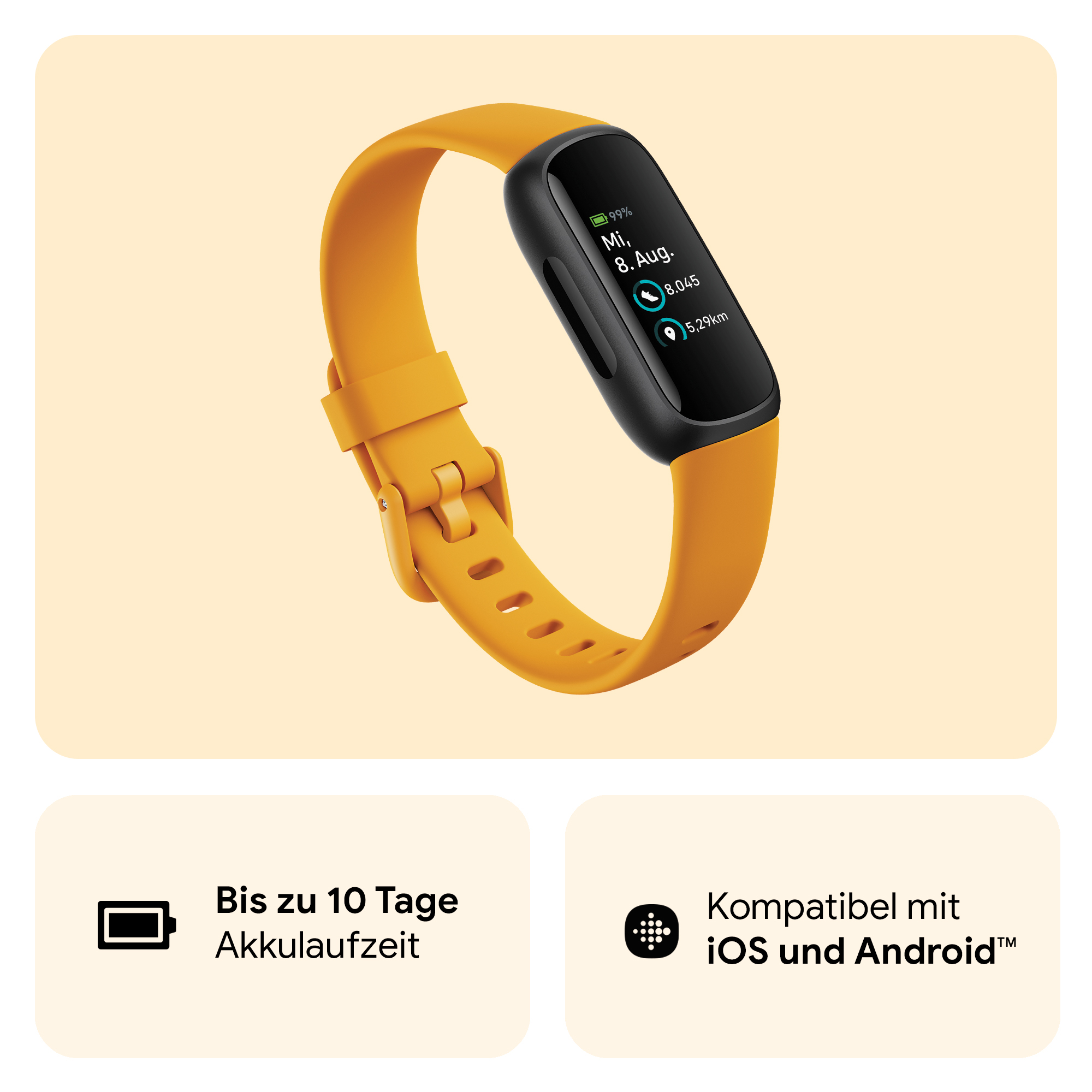 Eine orangefarbene Smartwatch auf weißem Hintergrund. Text darunter: Bis zu 10 Tage Akkulaufzeit.