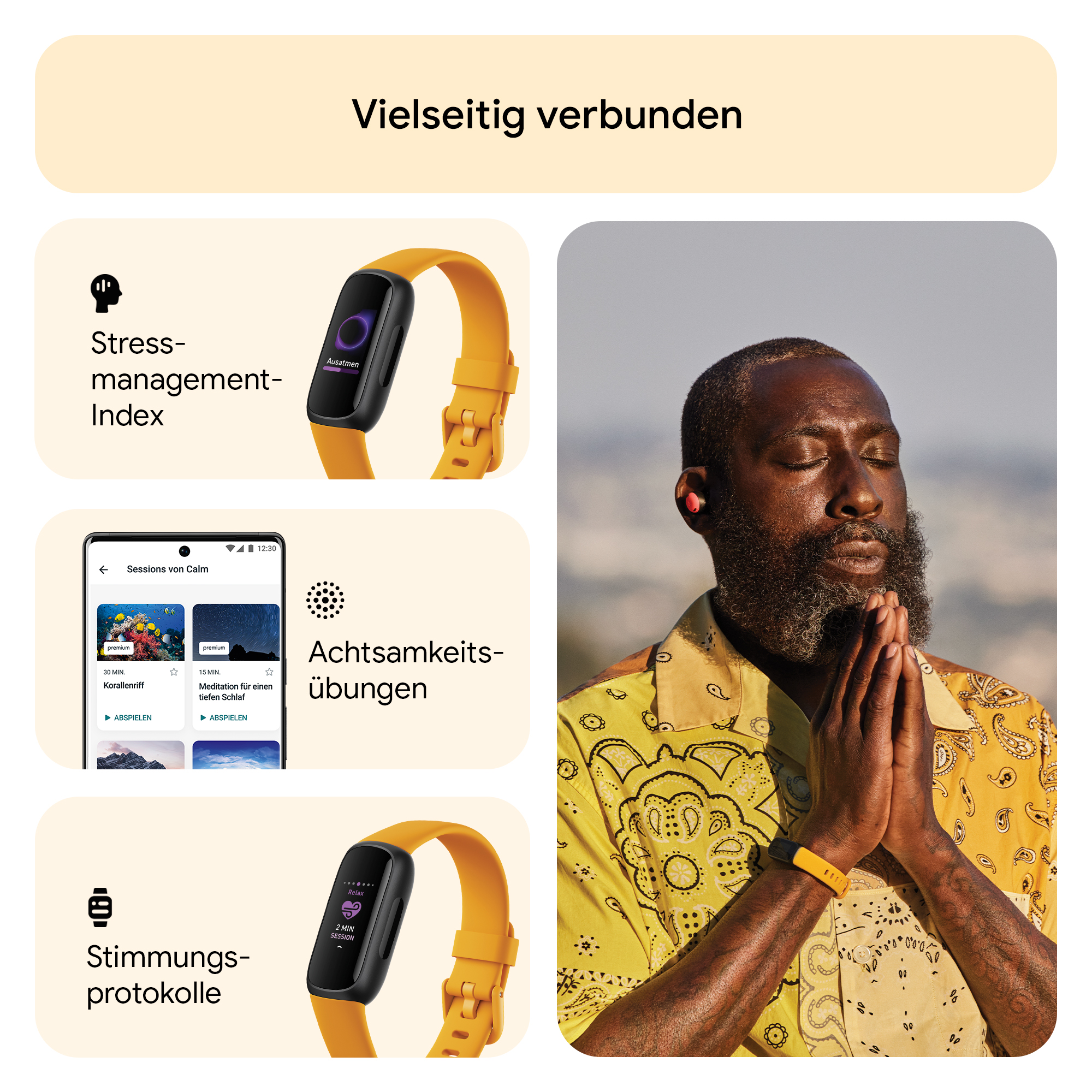 Mann meditiert mit Smartwatch und App-Screenshots. Thema: Stressmanagement, Achtsamkeit, Stimmungsprotokolle.