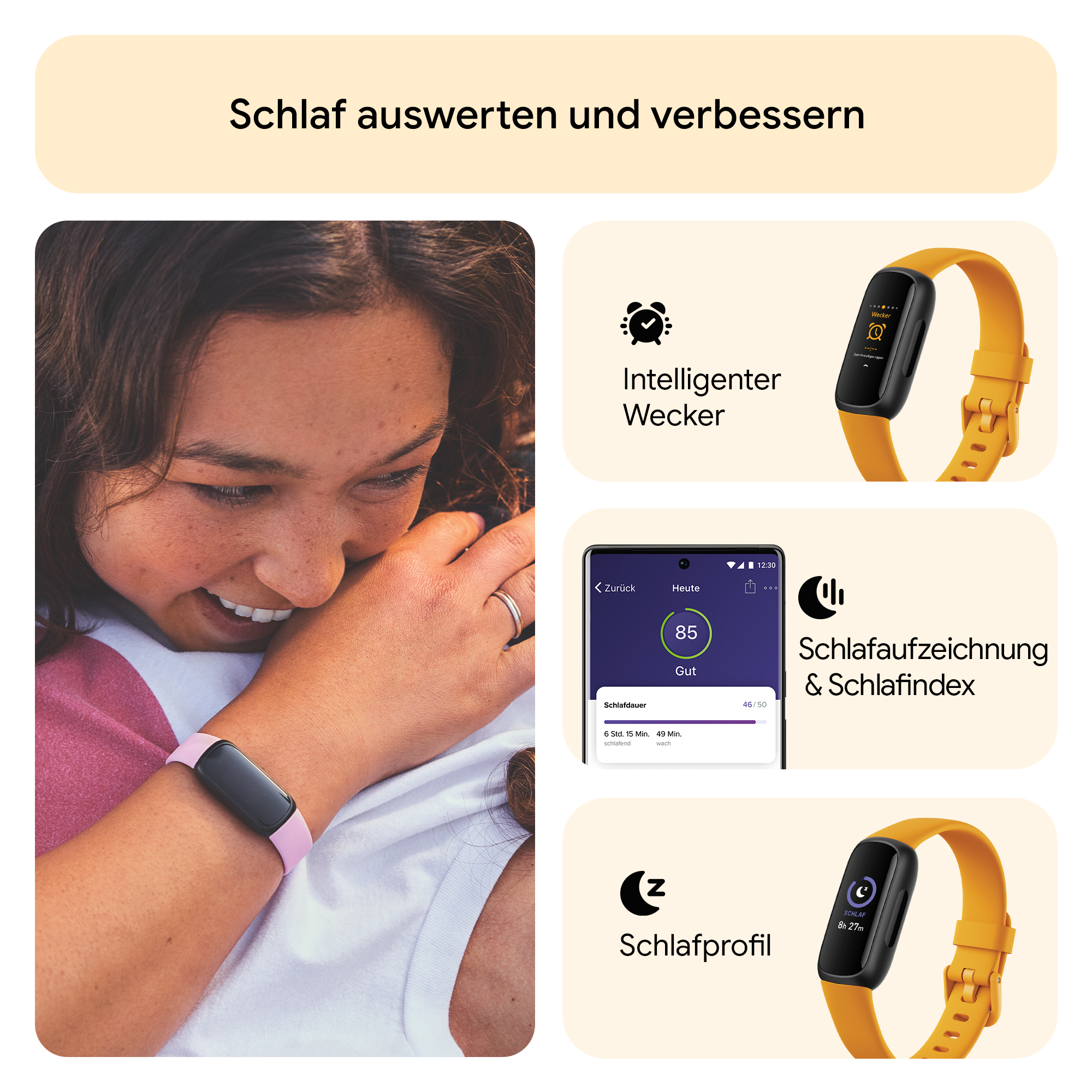 Frau mit Smartband, die Schlafanalyseinfo und Infografiken zum Schlafprofil zeigt.
