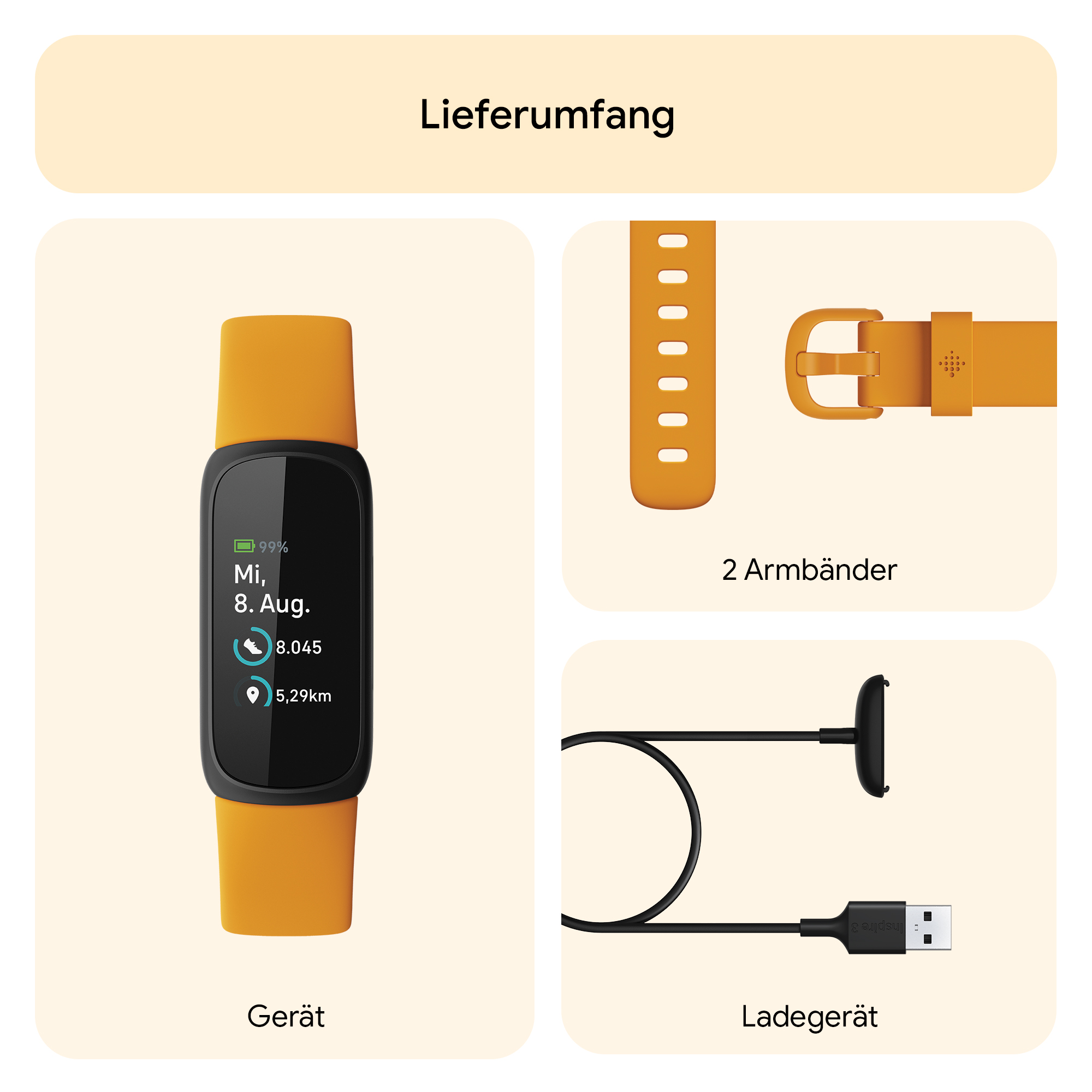 Smartwatch mit gelbem Armband, zwei zusätzlichen Bändern und Ladegerät. Text: Gerat und Ladegeat.