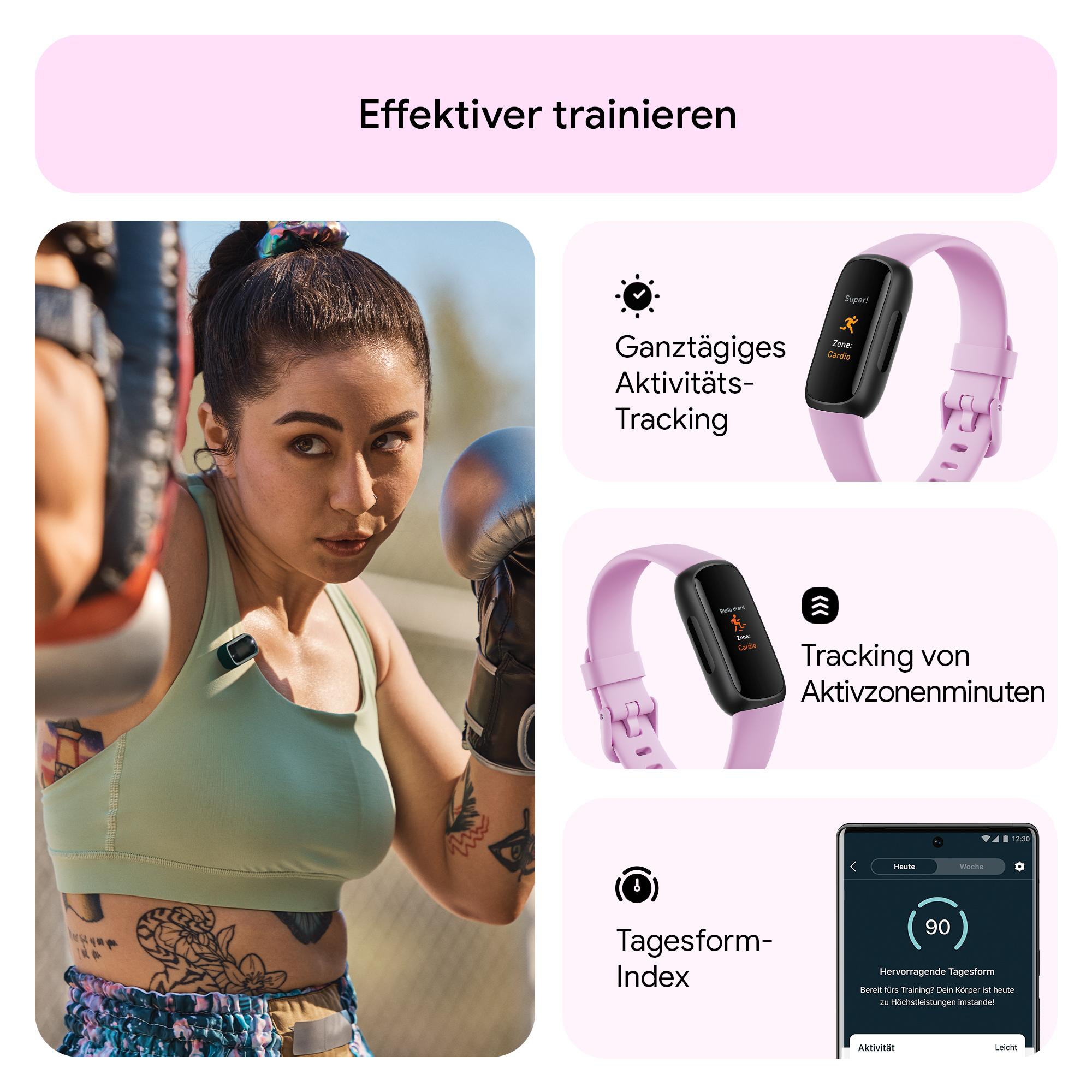 Boxende Frau. Fitbit-Uhr zeigt Statistiken. Andere Bildschirme zeigen Aktivitätsverfolgung.