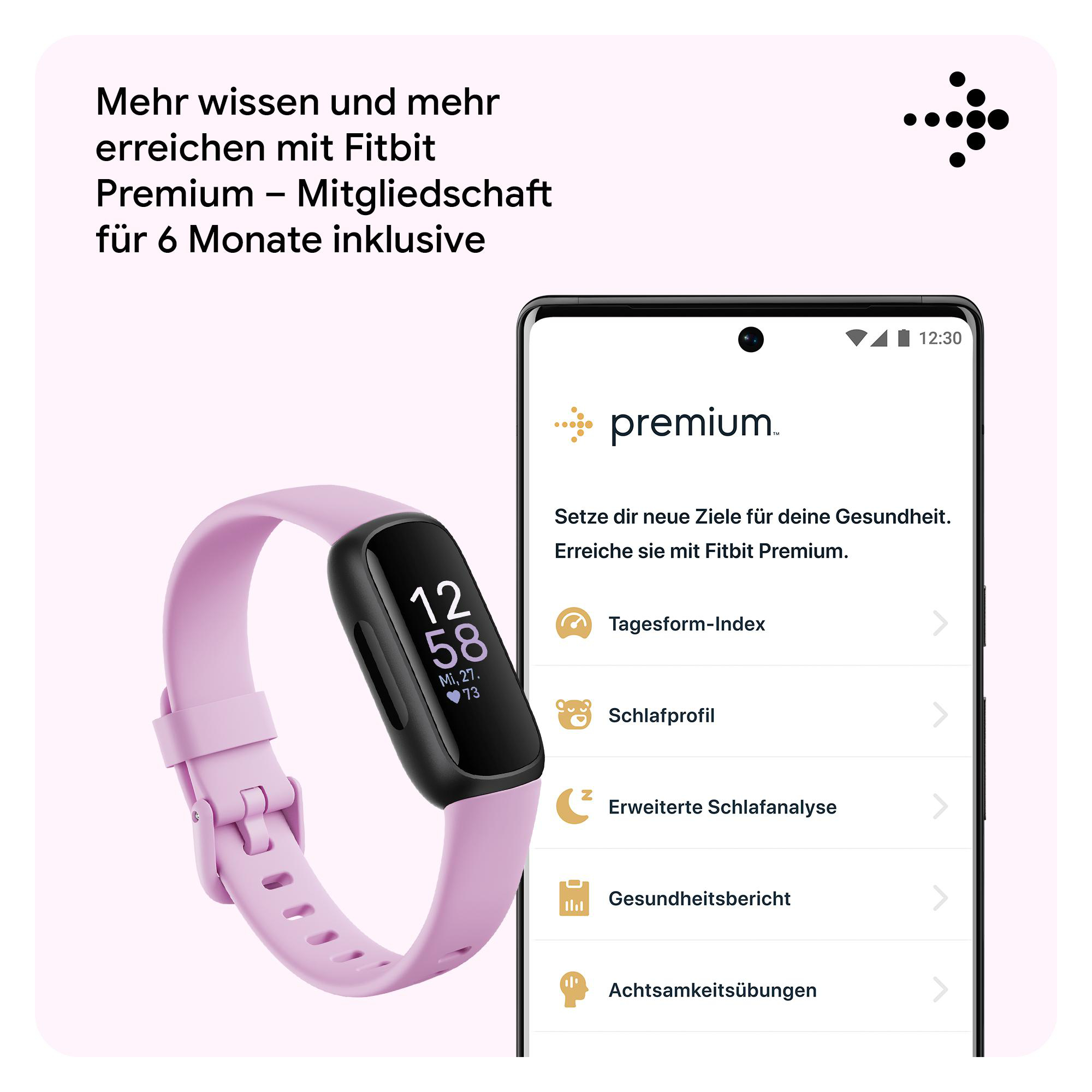 Fitbit-Uhr und Telefon mit Premium-Mitgliedschafts-Dashboard und Gesundheitsdaten.