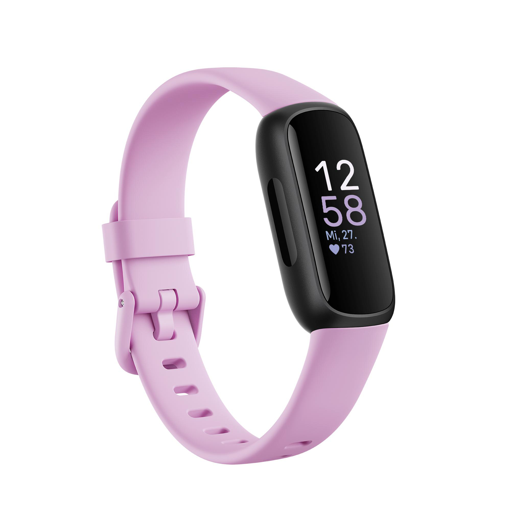 Ein pinkfarbener Fitbit Inspire 3 Fitnesstracker auf weißem Grund, zeigt die Uhrzeit.