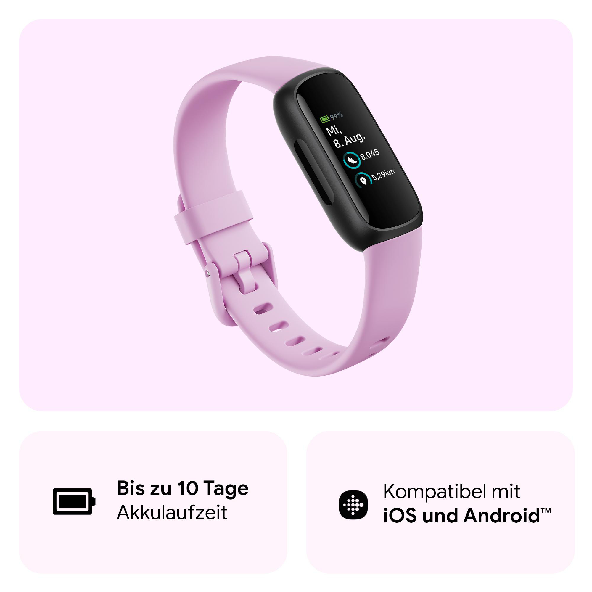 Eine rosa Fitbit-Uhr mit schwarzem Bildschirm und rosa Armband.