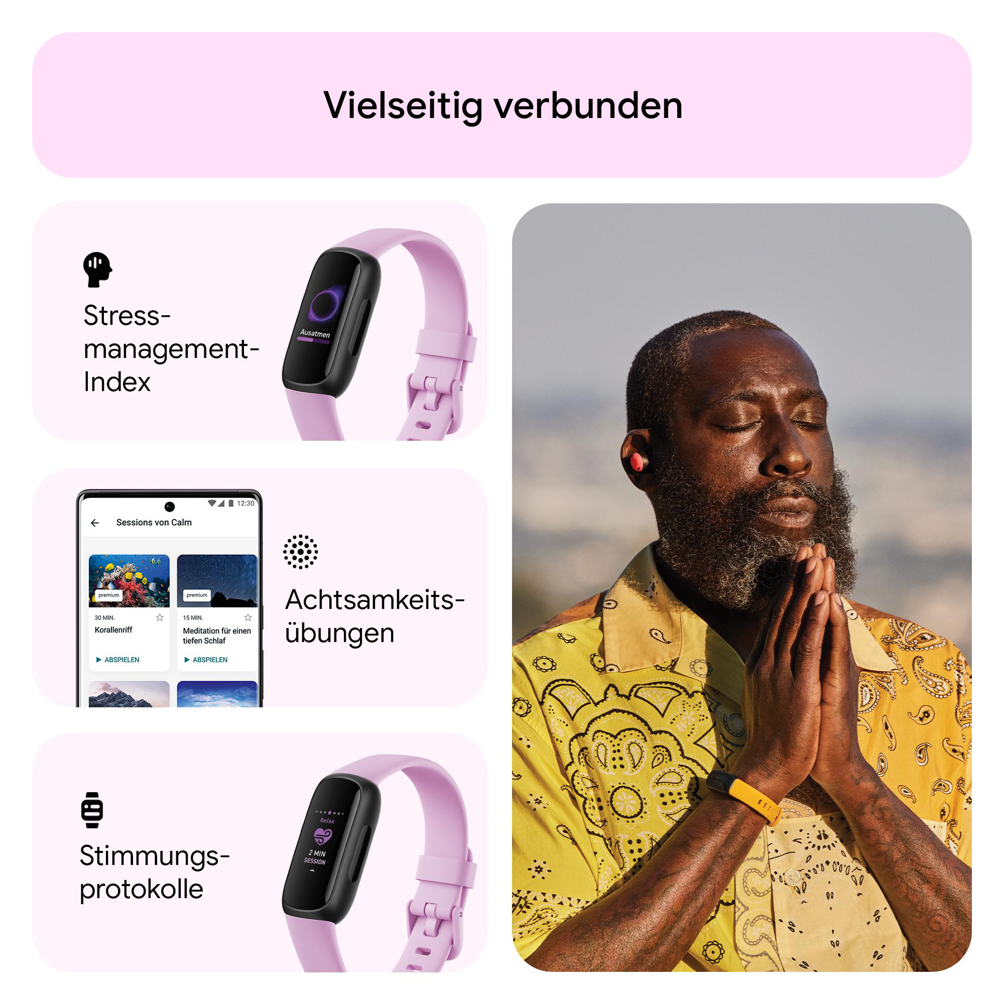 Ein Bild zeigt einen schwarzen Fitnesstracker mit pinkfarbenem Band. Es gibt einen meditierenden Mann.