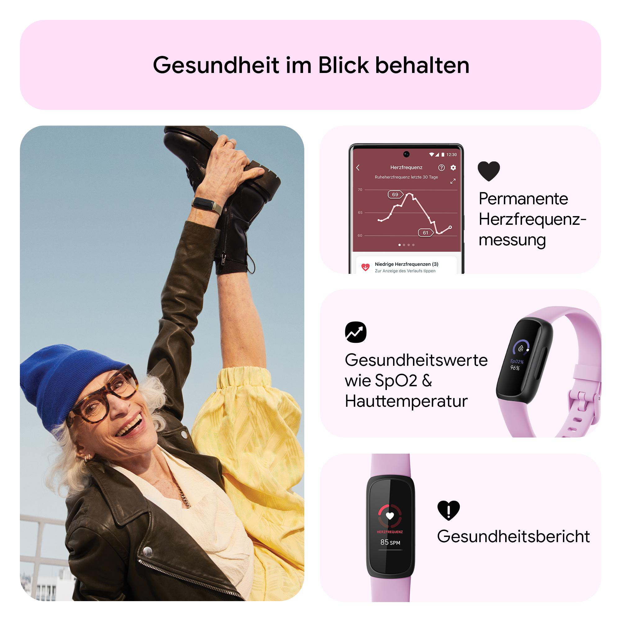 Eine ältere Frau mit Brille und Jacke, mit Gesundheitsvisualisierungen. Ein Fitness-Tracker ist zu sehen.