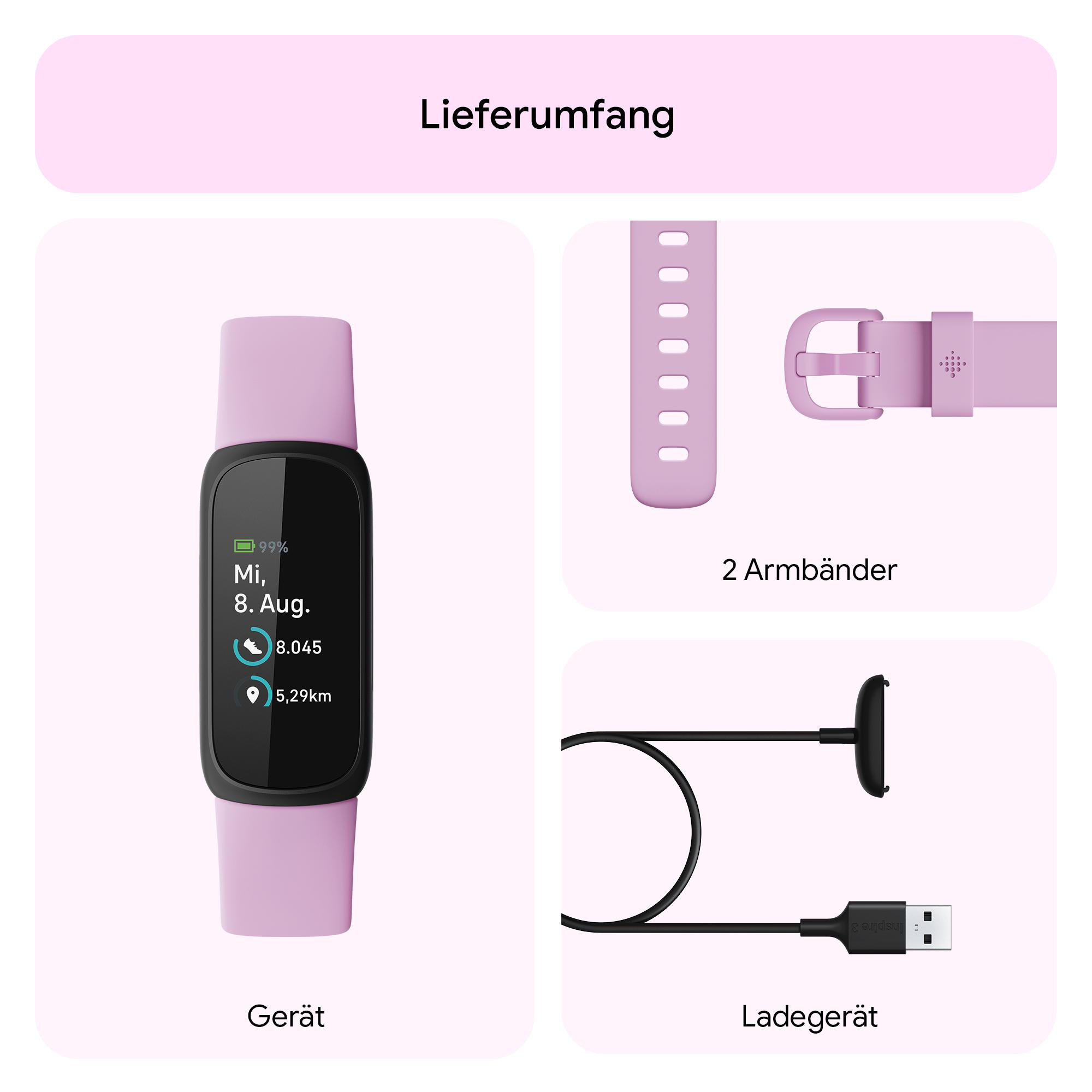 Bild einer Smartwatch mit Zubehör: Armbänder und Ladegerät.