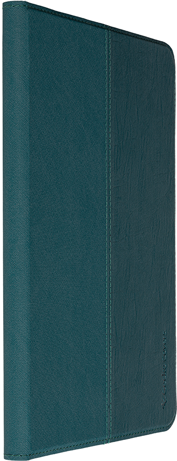 Teal tablet case, closed and standing upright. The case has a textured surface and a stitched edge.