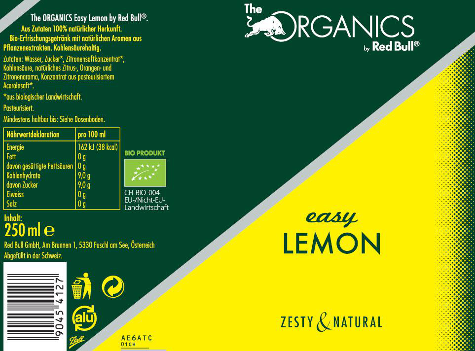 Die Rückseite einer Red Bull The Organics Easy Lemon Flasche mit Nährwertangaben.