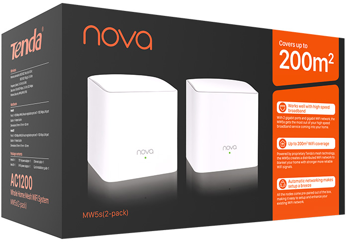 Egy fehér mesh wifi rendszer doboza, termékleírással.