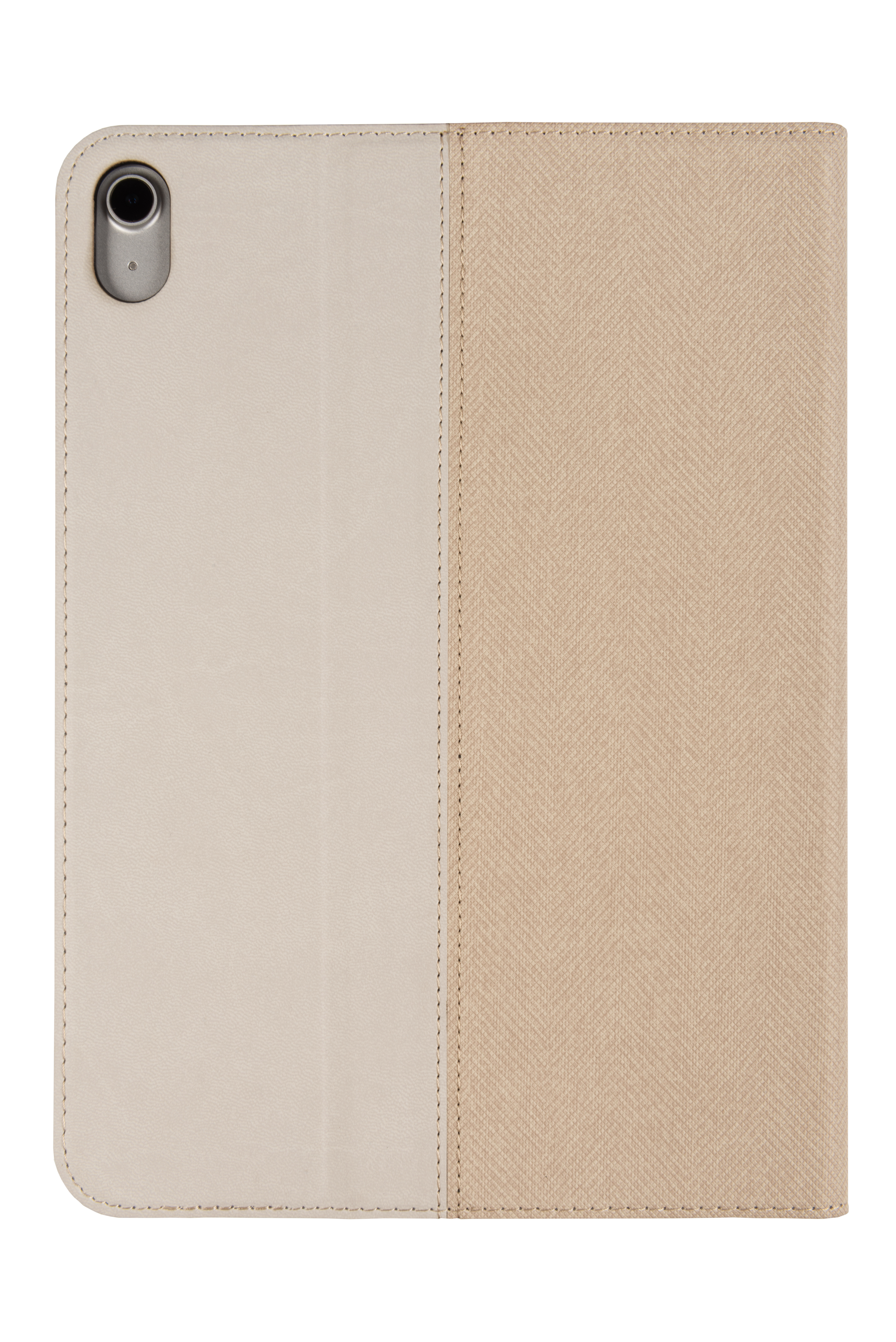 Beige and white tablet case, with a beige textured section and a white smooth section.