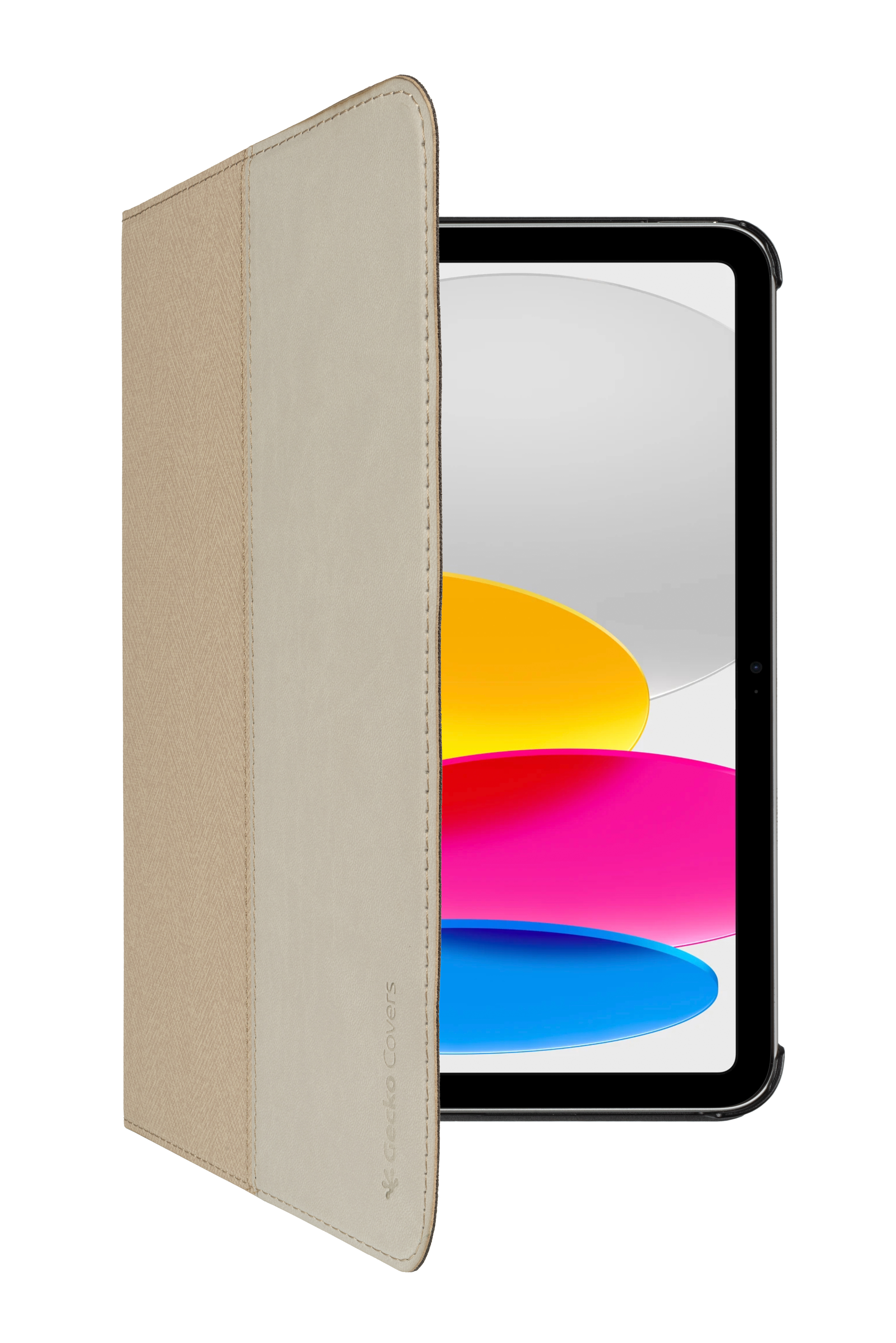 A beige and cream tablet case with a tablet inside, partially open.