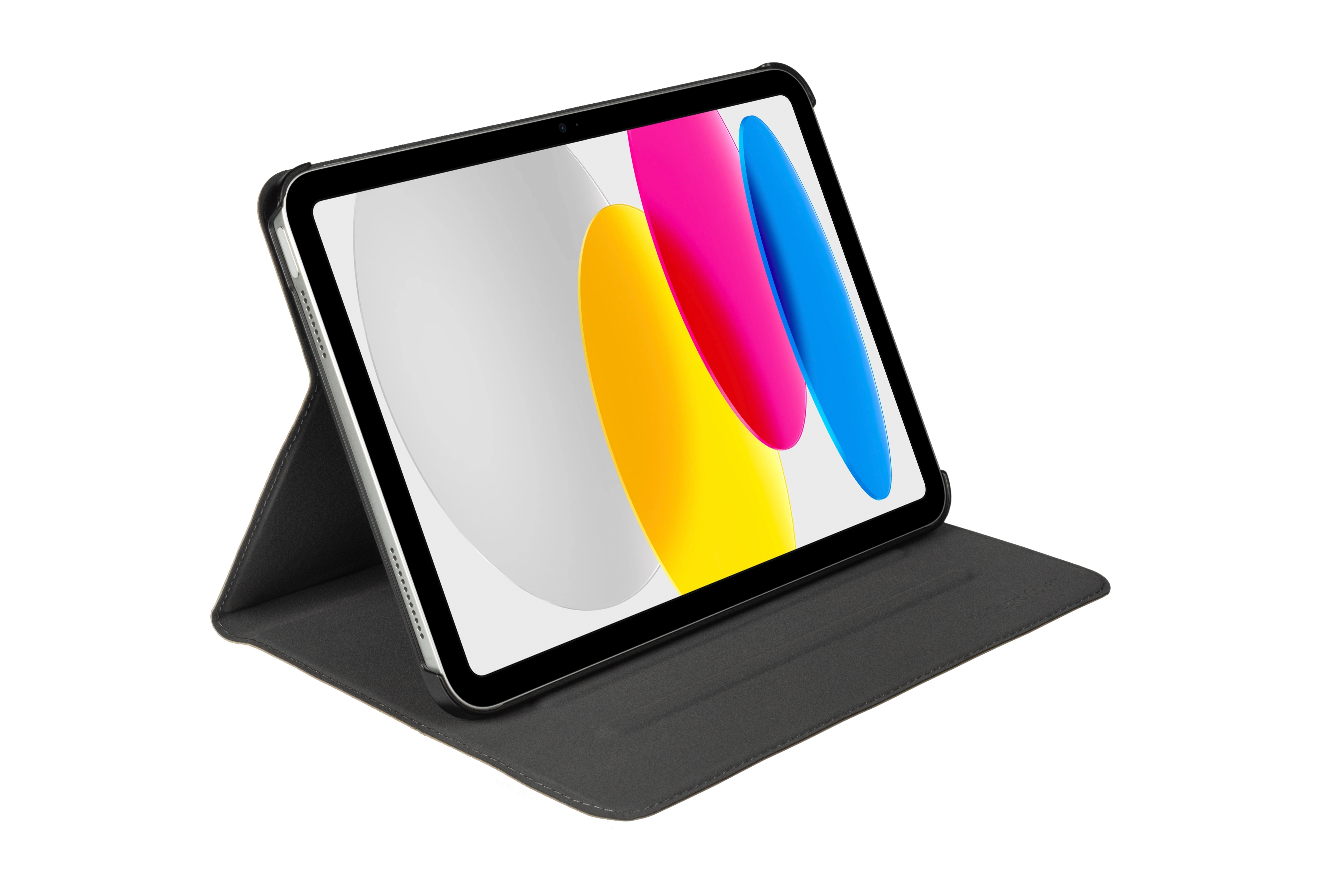 Tablet in a black case. The screen shows a colorful image.