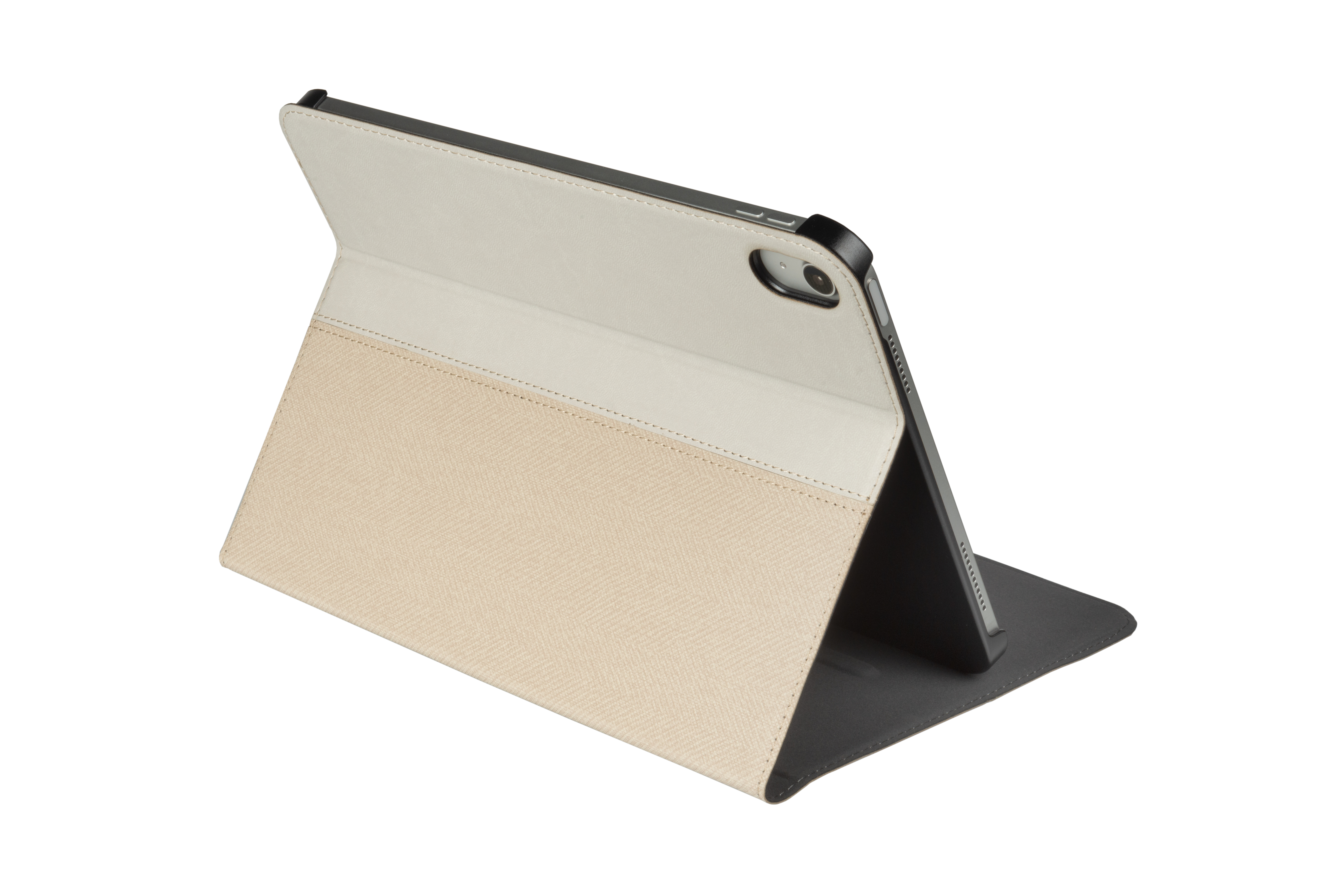 An open tablet case with a beige and white color scheme.