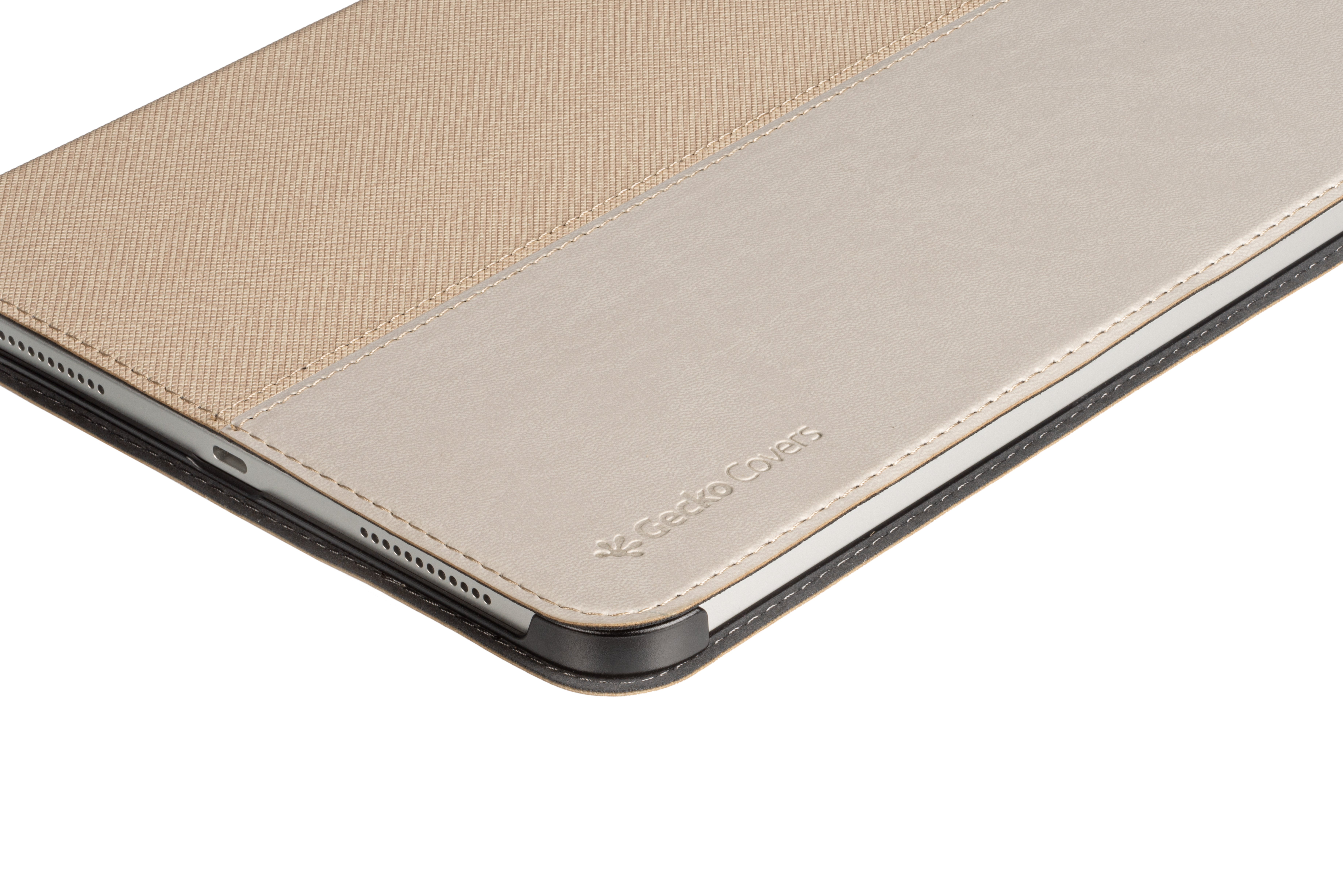 Close-up of a tablet case. It has a beige fabric on the top and a leather-like material on the side.